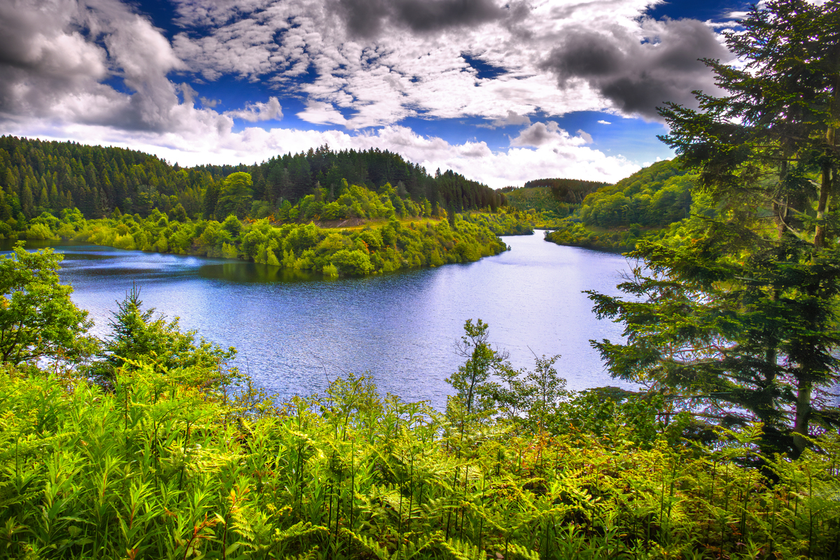 蓝色和绿色风景图片生成：山脉、湖泊、森林