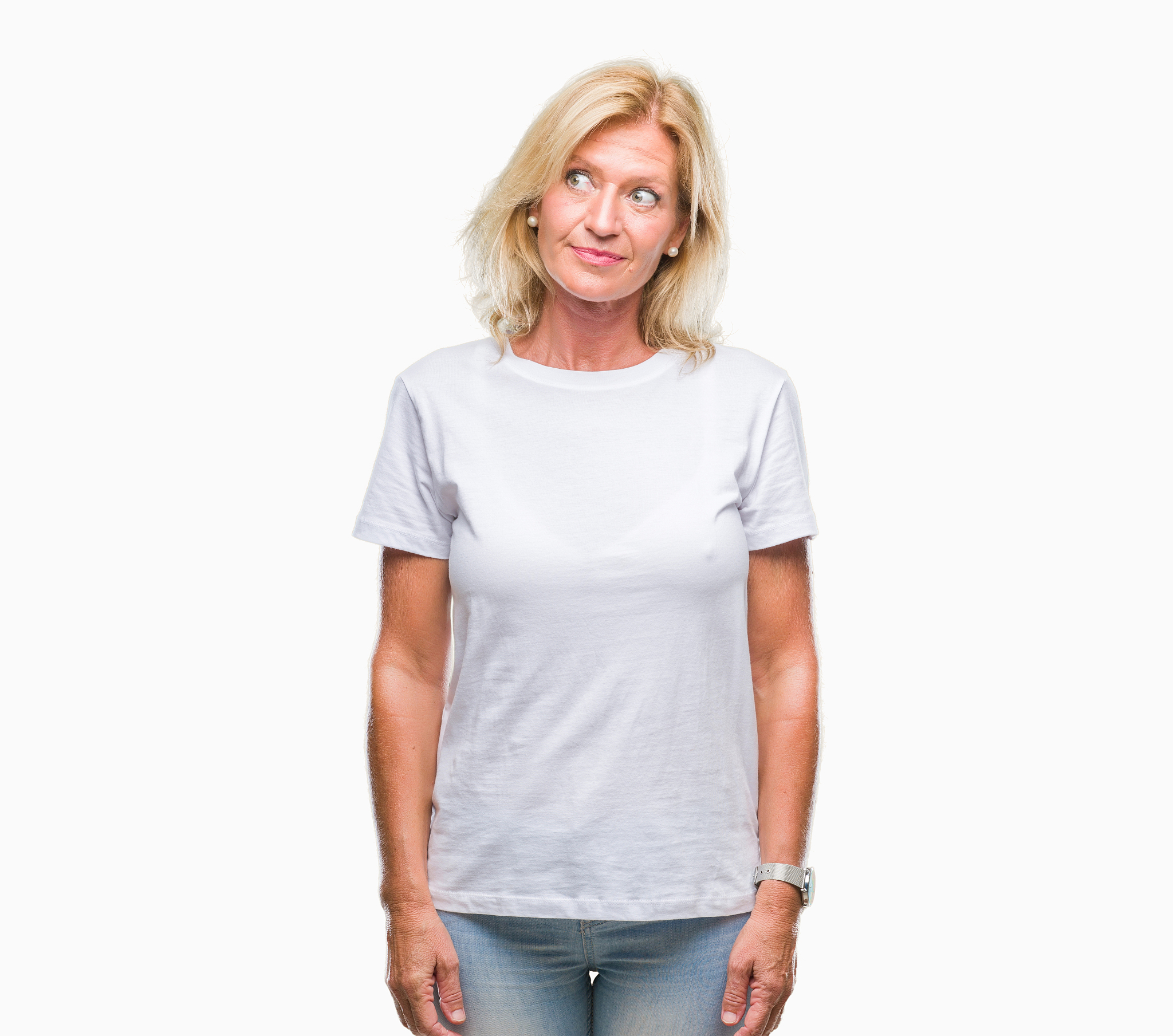 middle age blonde woman over isolated background smiling looking