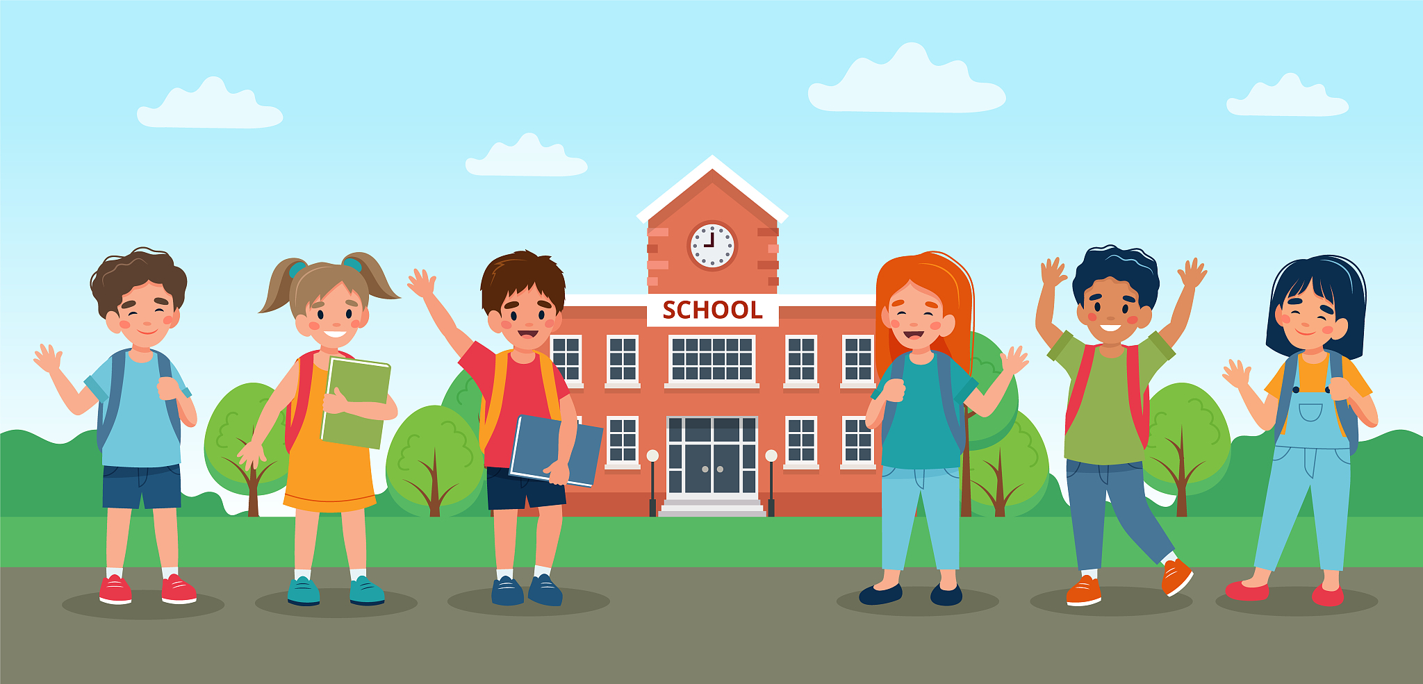children walking to school, cute colorful characters. vector ill