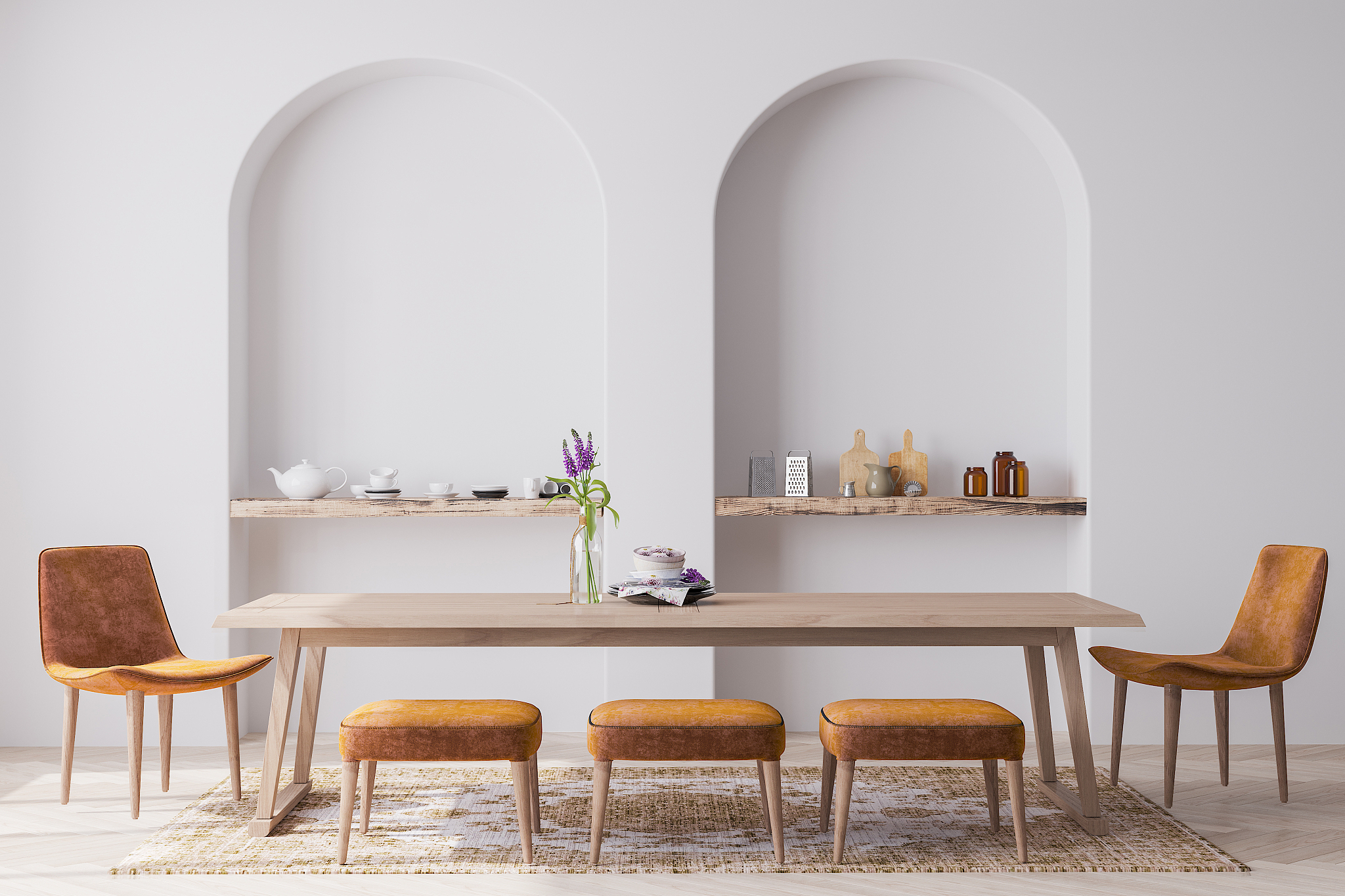 scandinavian dining room design, orange and wooden furniture
