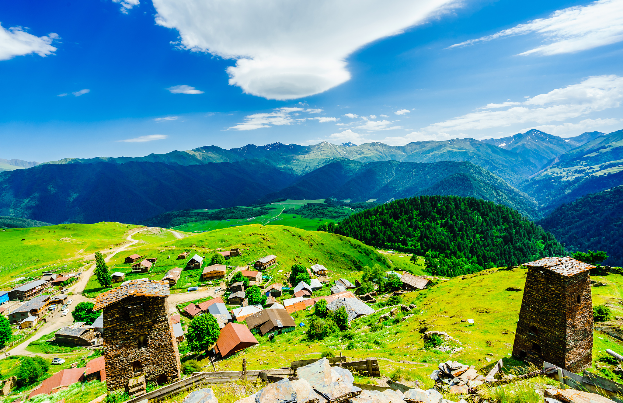 view from ruins of traditional georgian defensive tower at remot