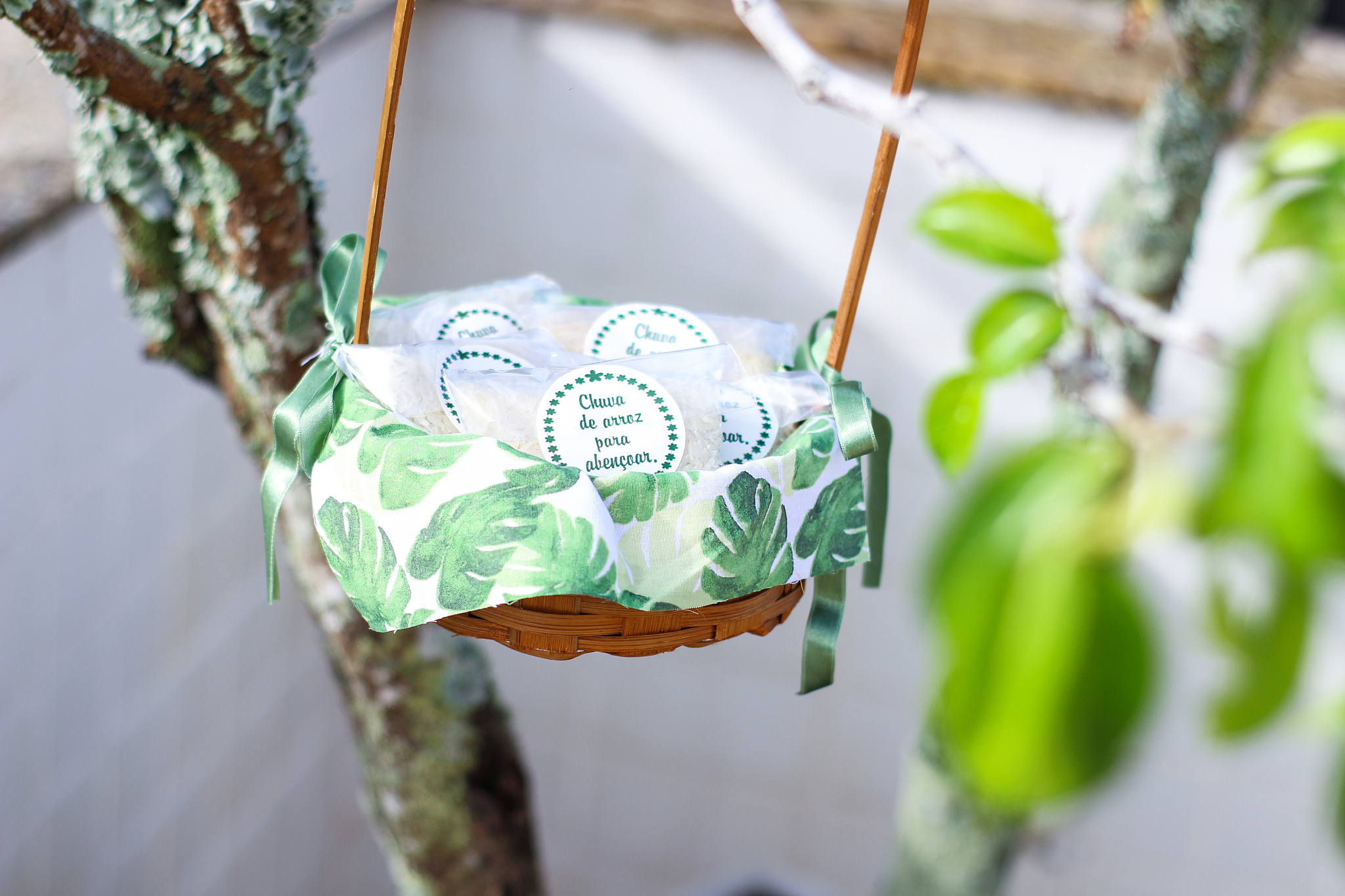 wedding concept. little bags of rice in a basket. written rice r