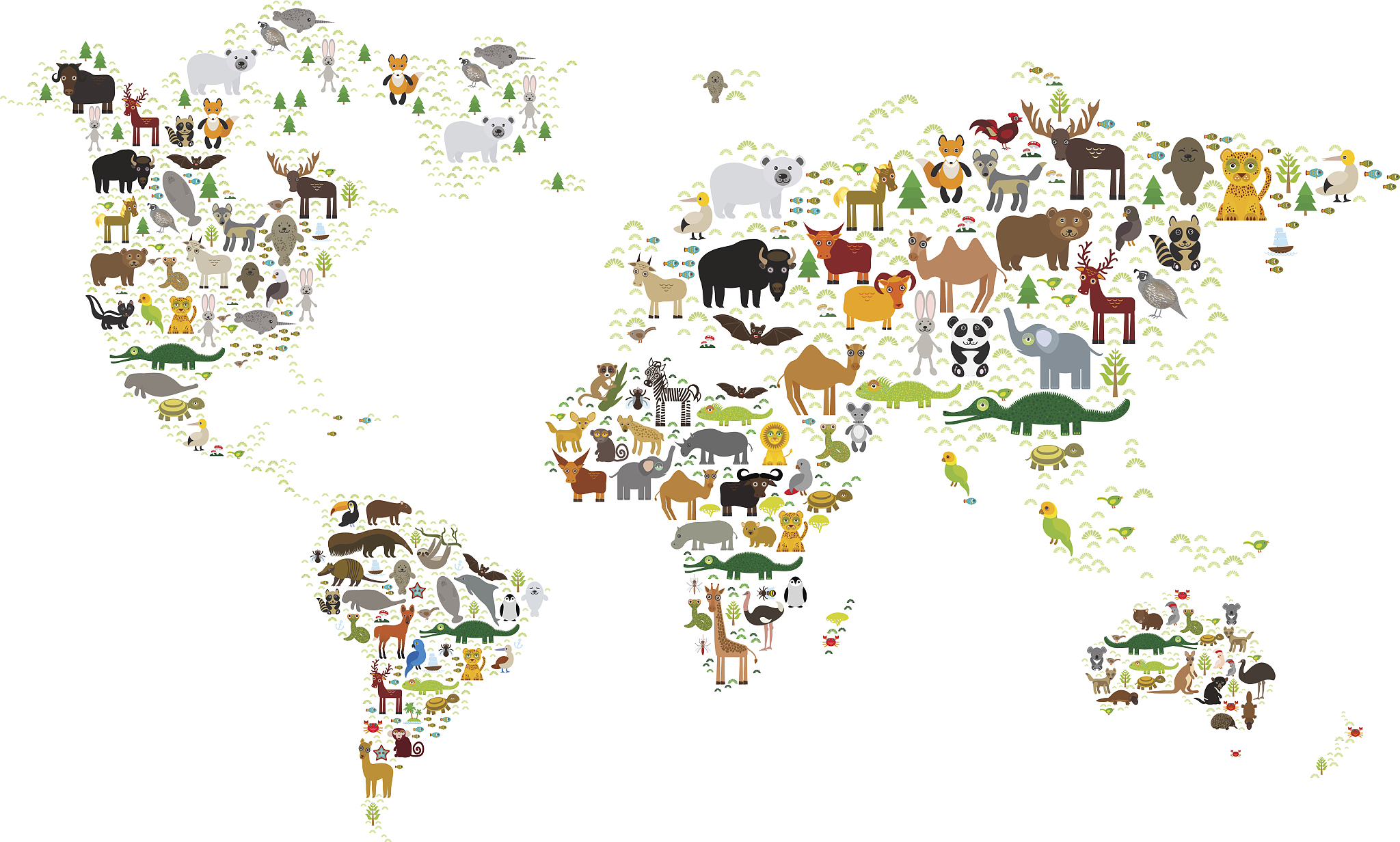 world map for children, animals from all over the world
