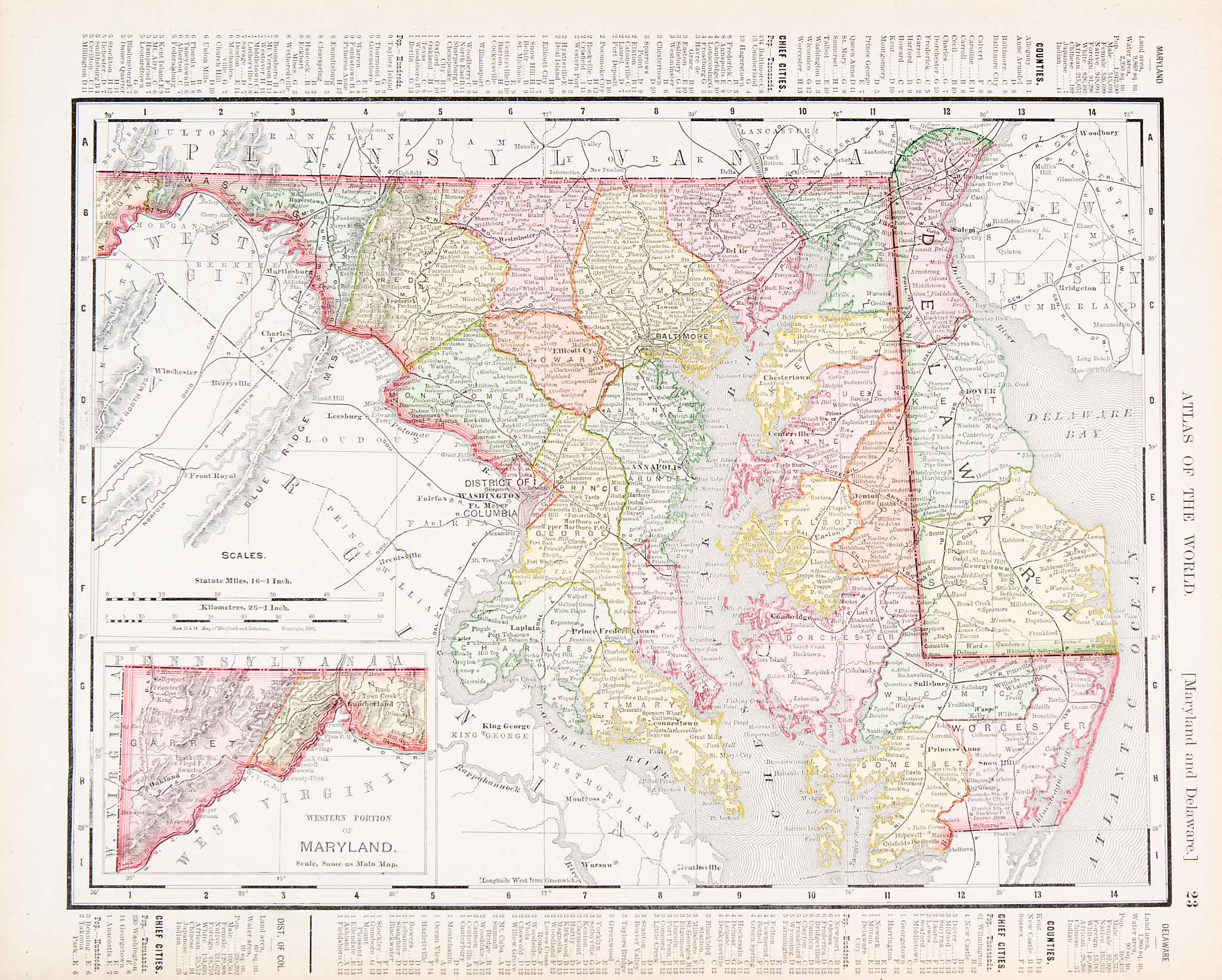 antique vintage color map of maryland and delaware, usa