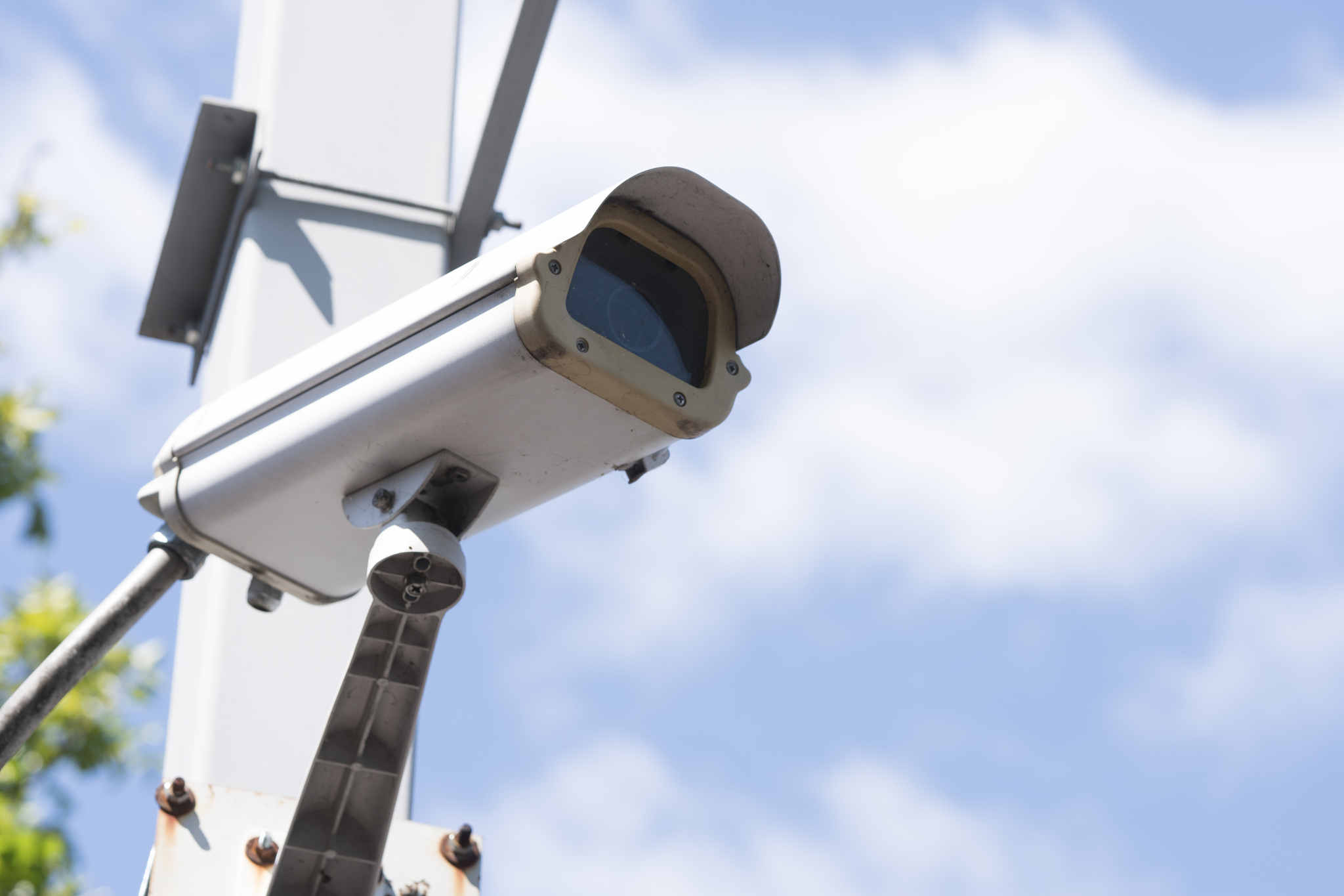 security cctv camera in garden , on blue sky background