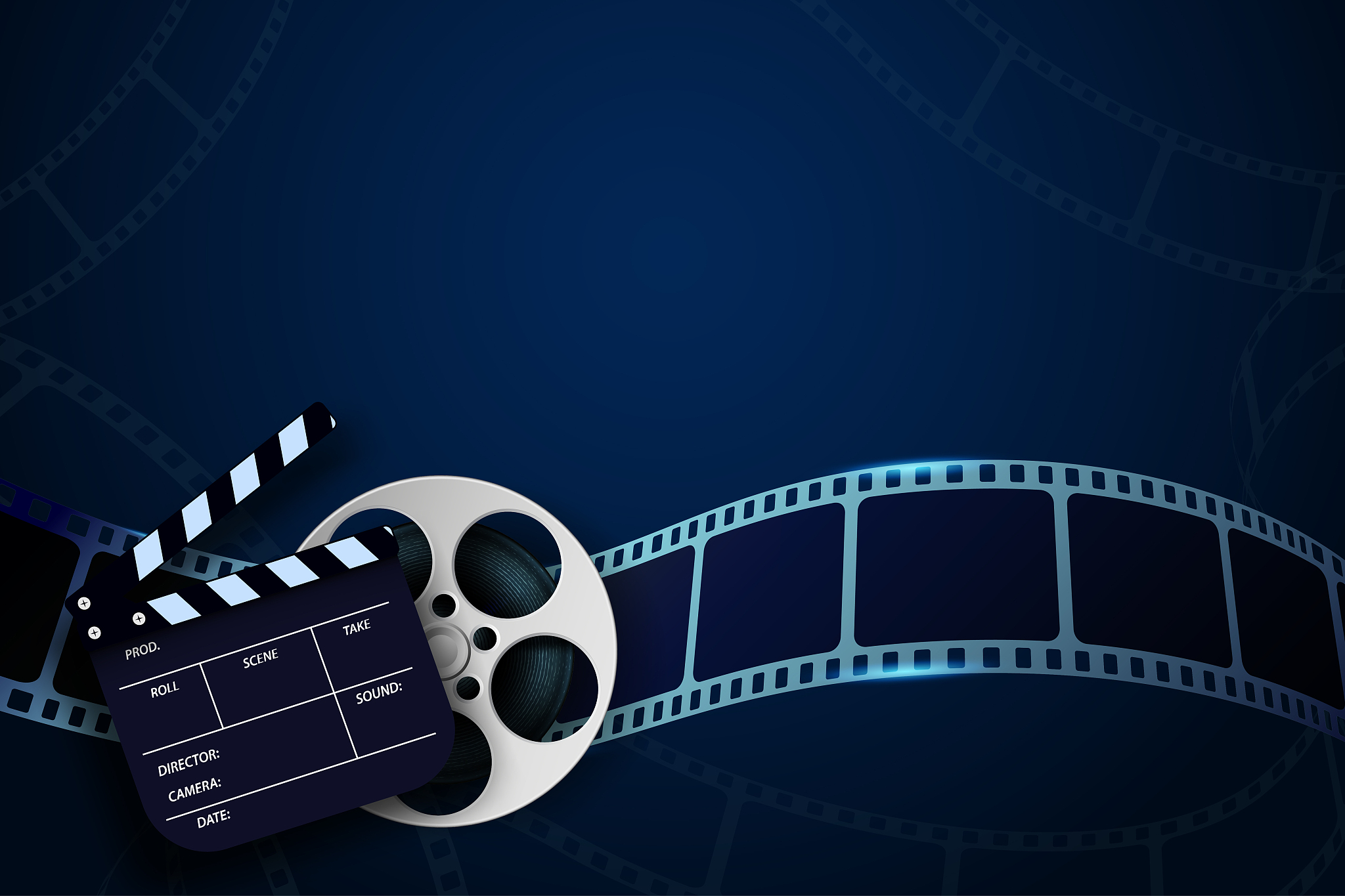 cinema film strip wave, film reel and clapper board isolated on 