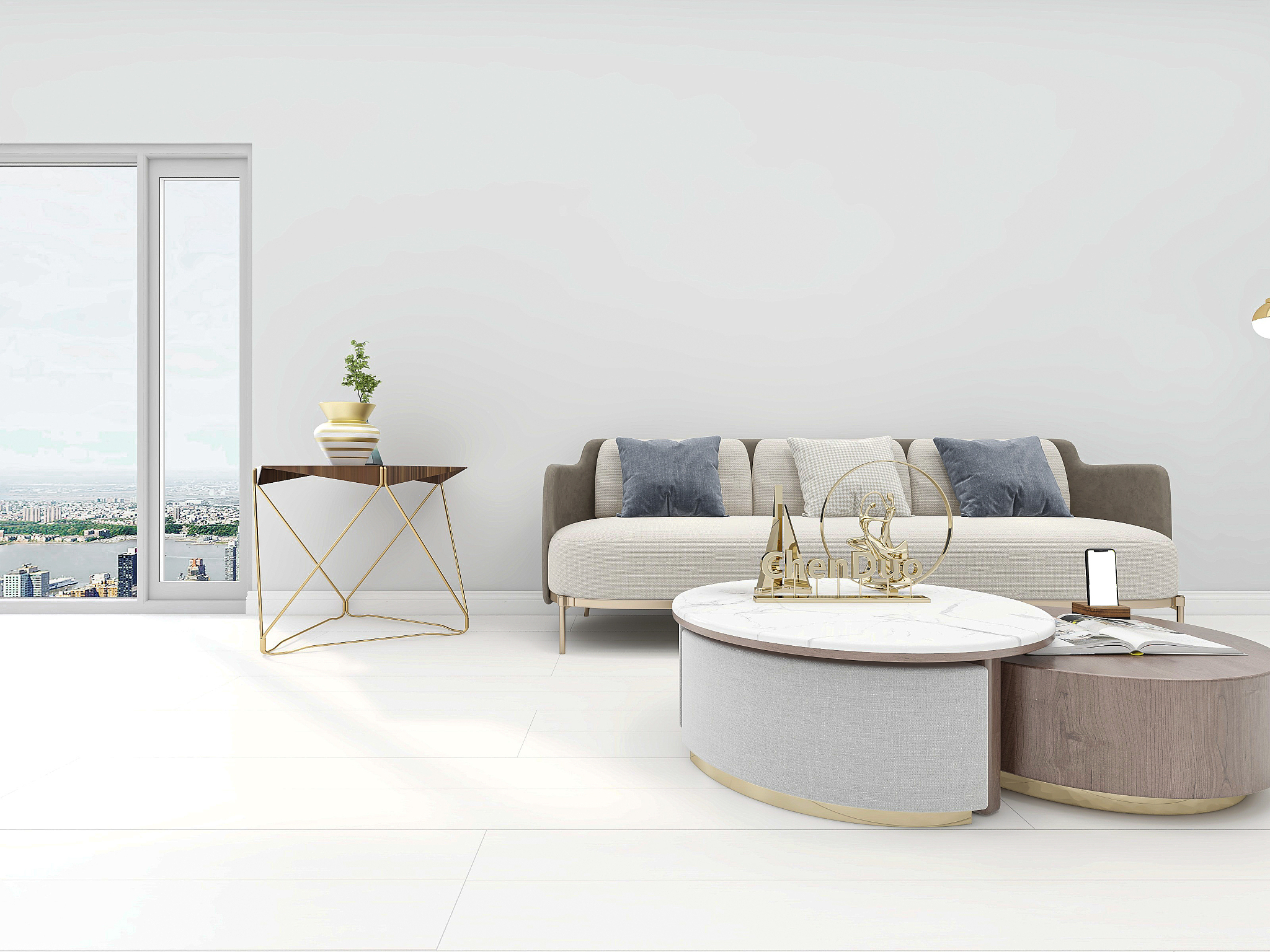 3d rendering, spacious living room design of modern residence, w