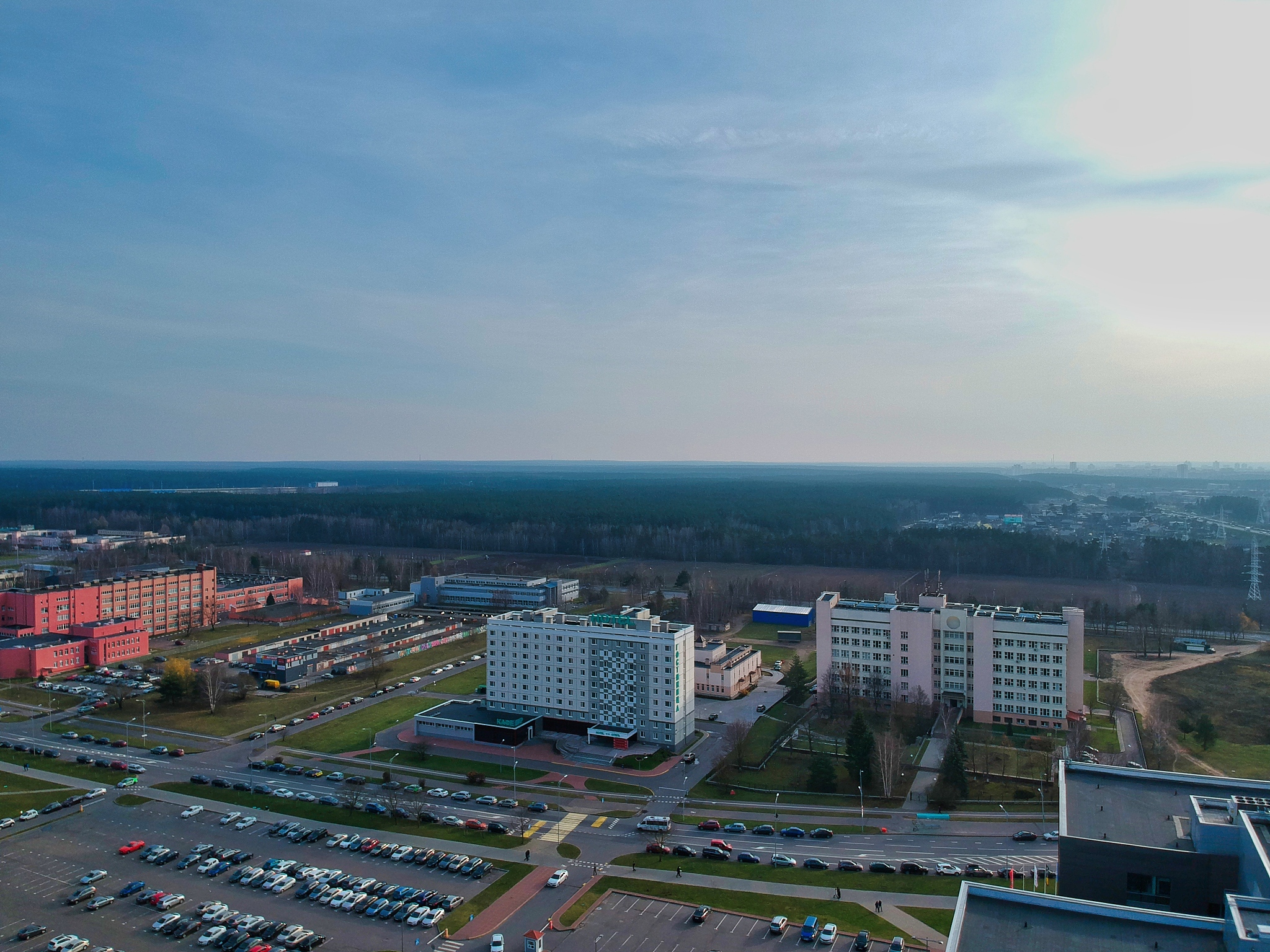 high angle view of buildings against sky