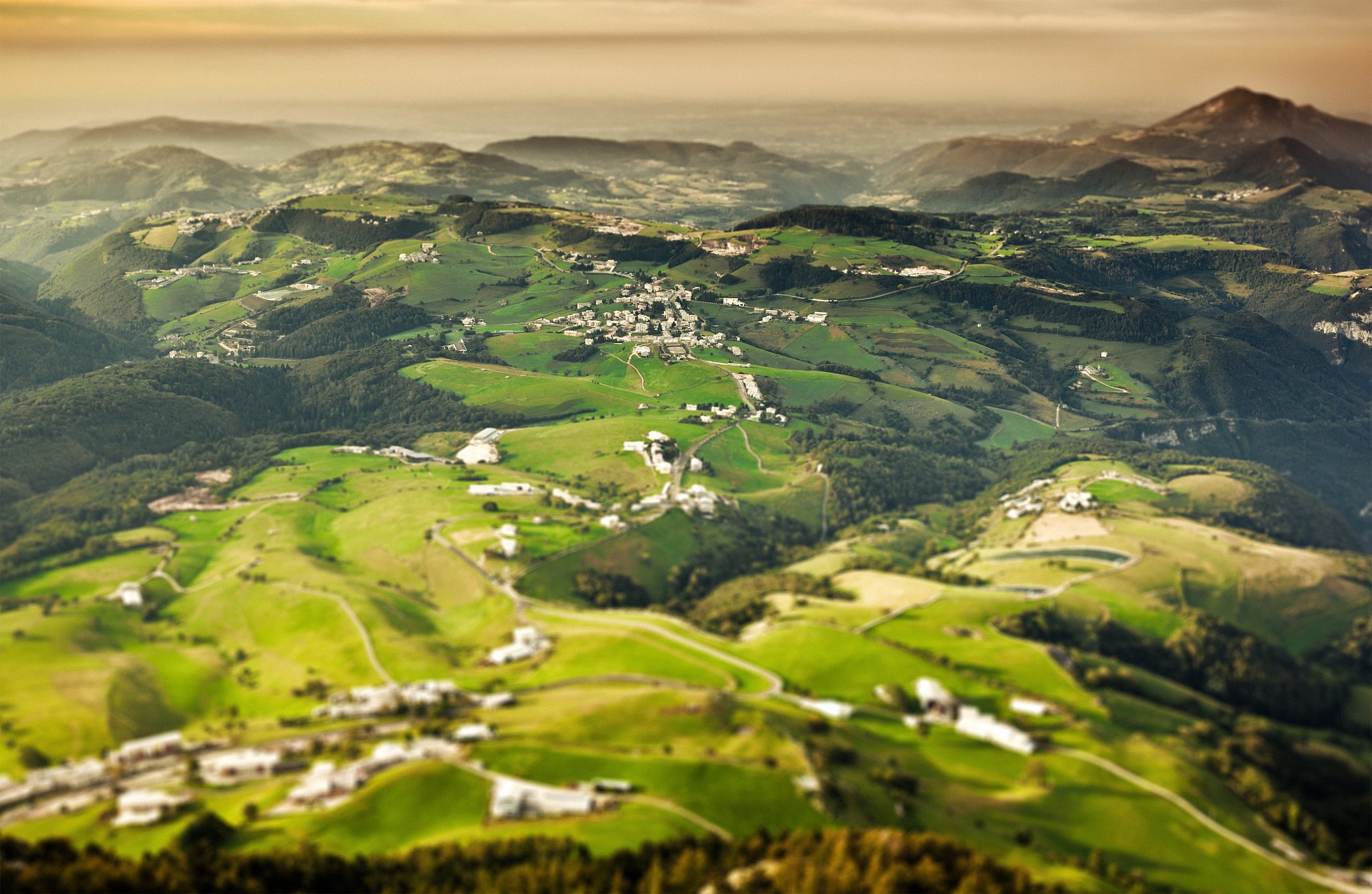 country side landscape, aerial view, tilt shift