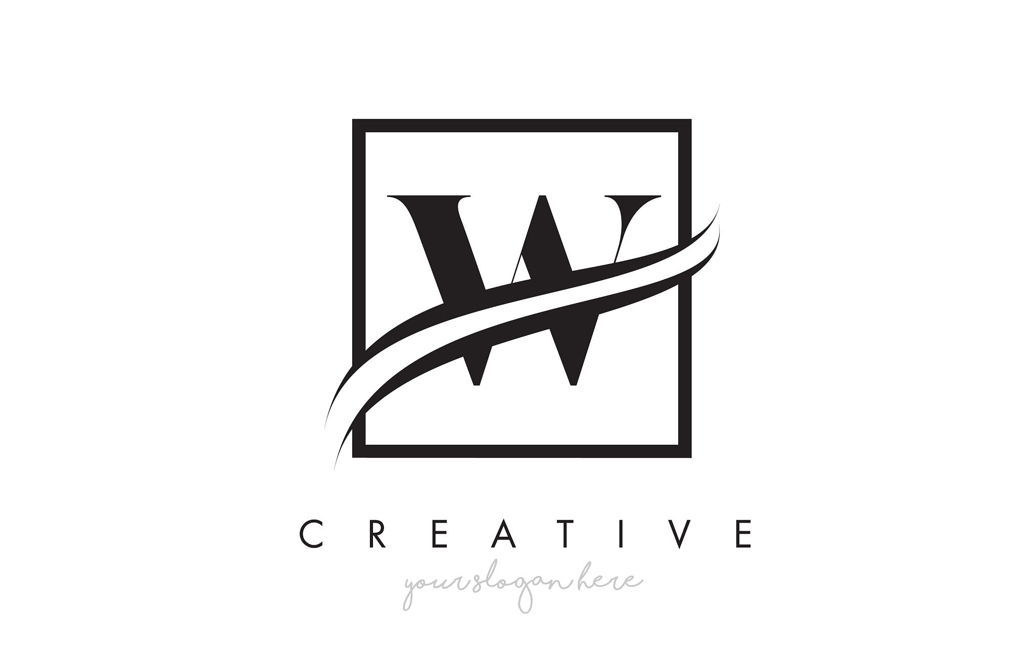 w letter logo design with square swoosh border