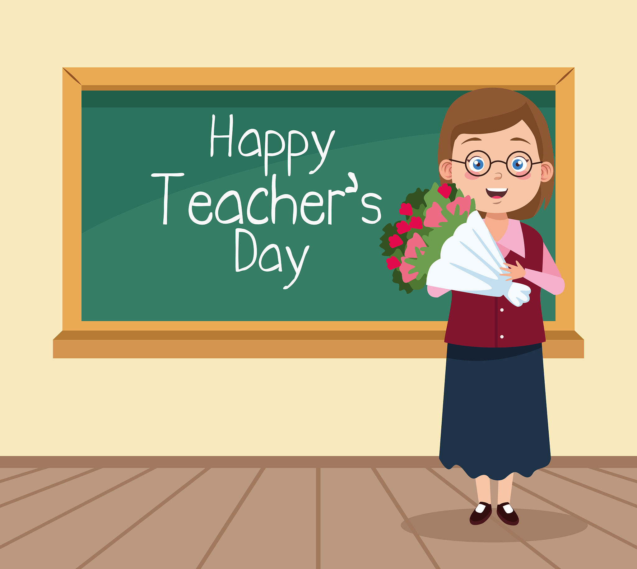 happy teachers day scene with teacher and flowers in classroom