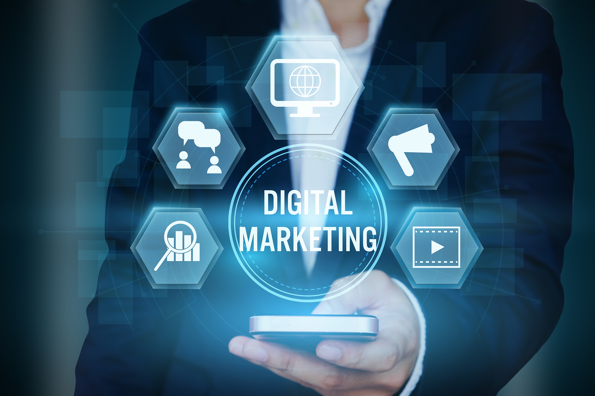 businessman holding icon of digital marketing technology concept