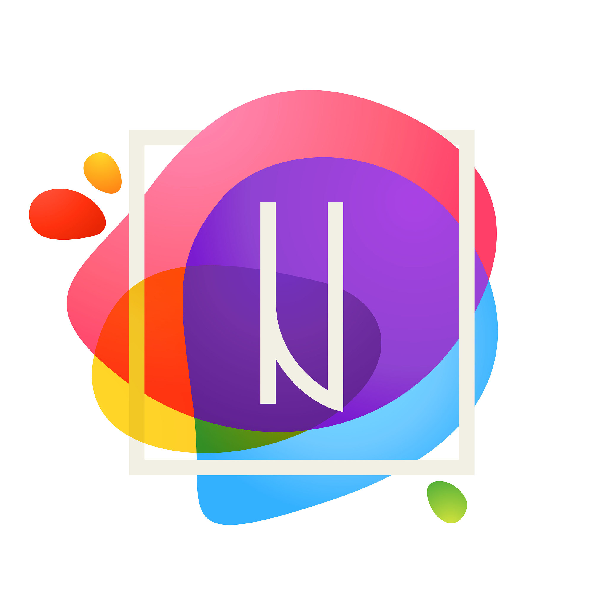 n letter logo in square frame at watercolor splash background.