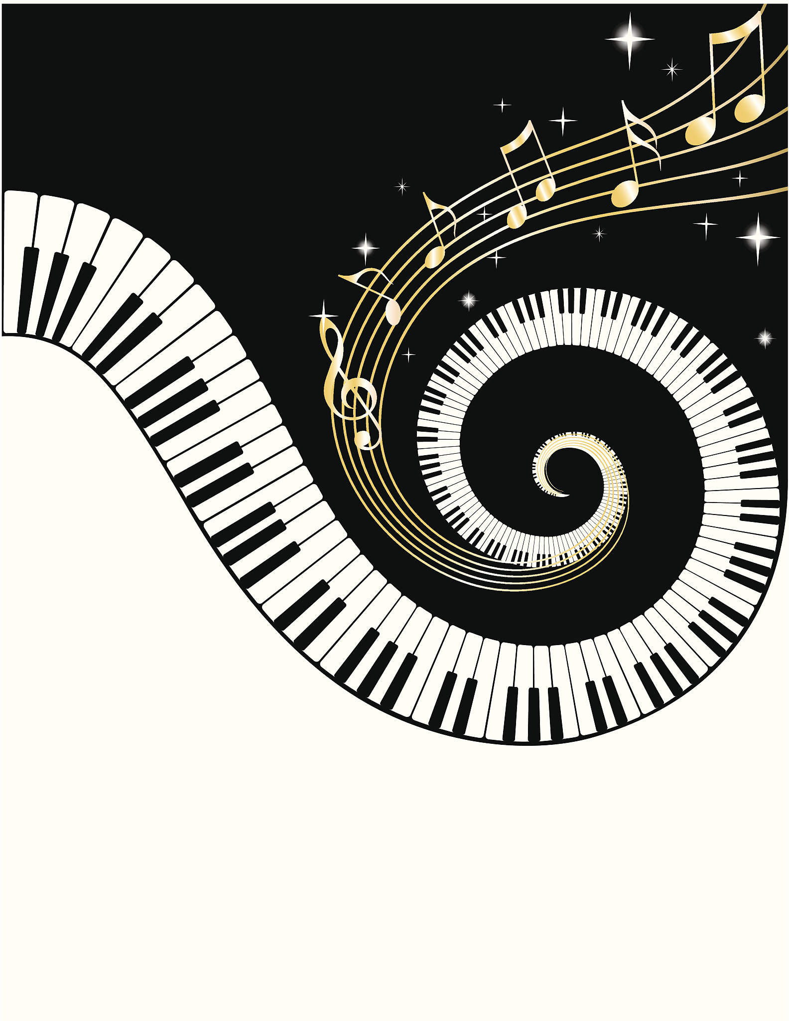 piano keys and  golden notes