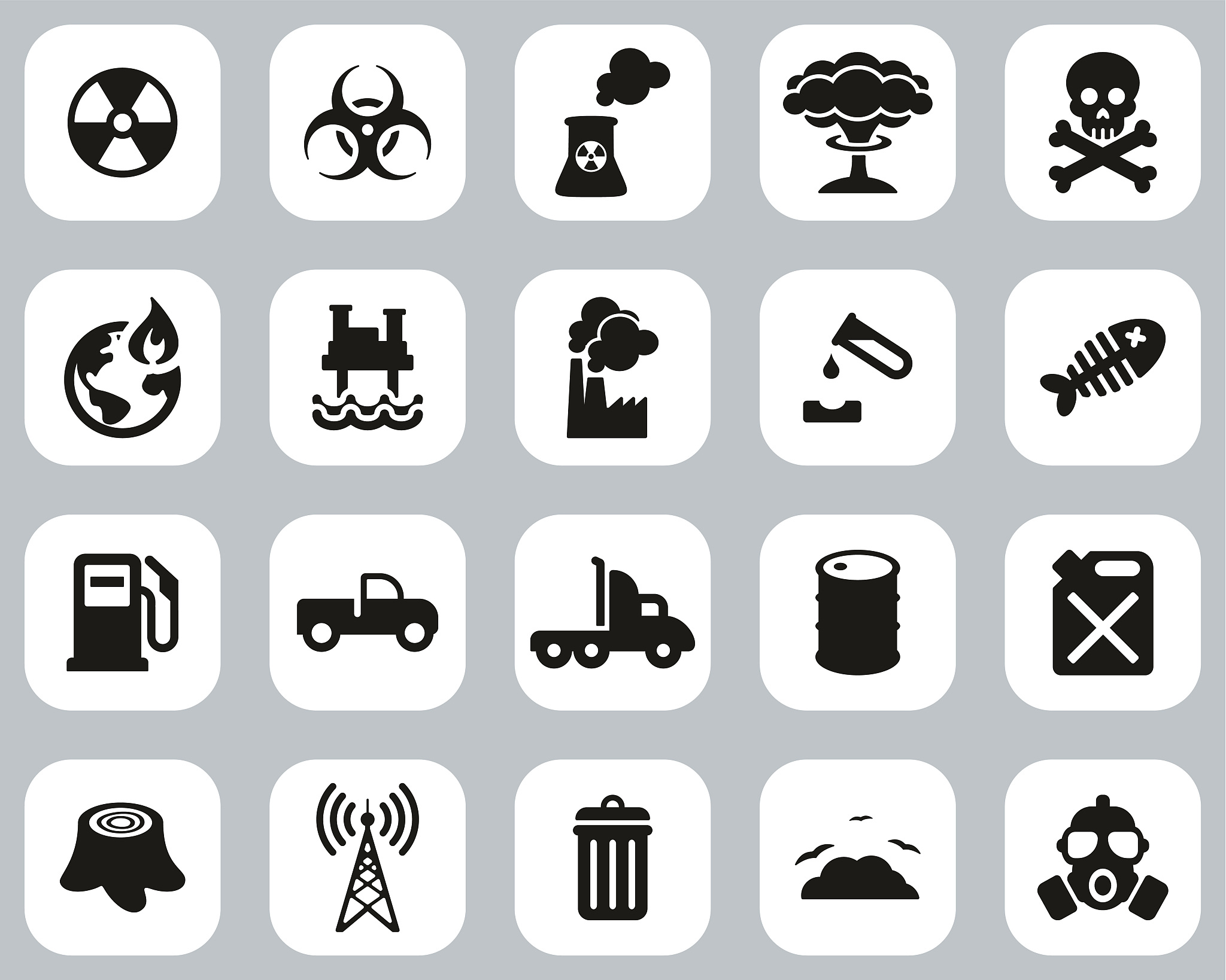 pollution or contamination icons black & white flat design set b