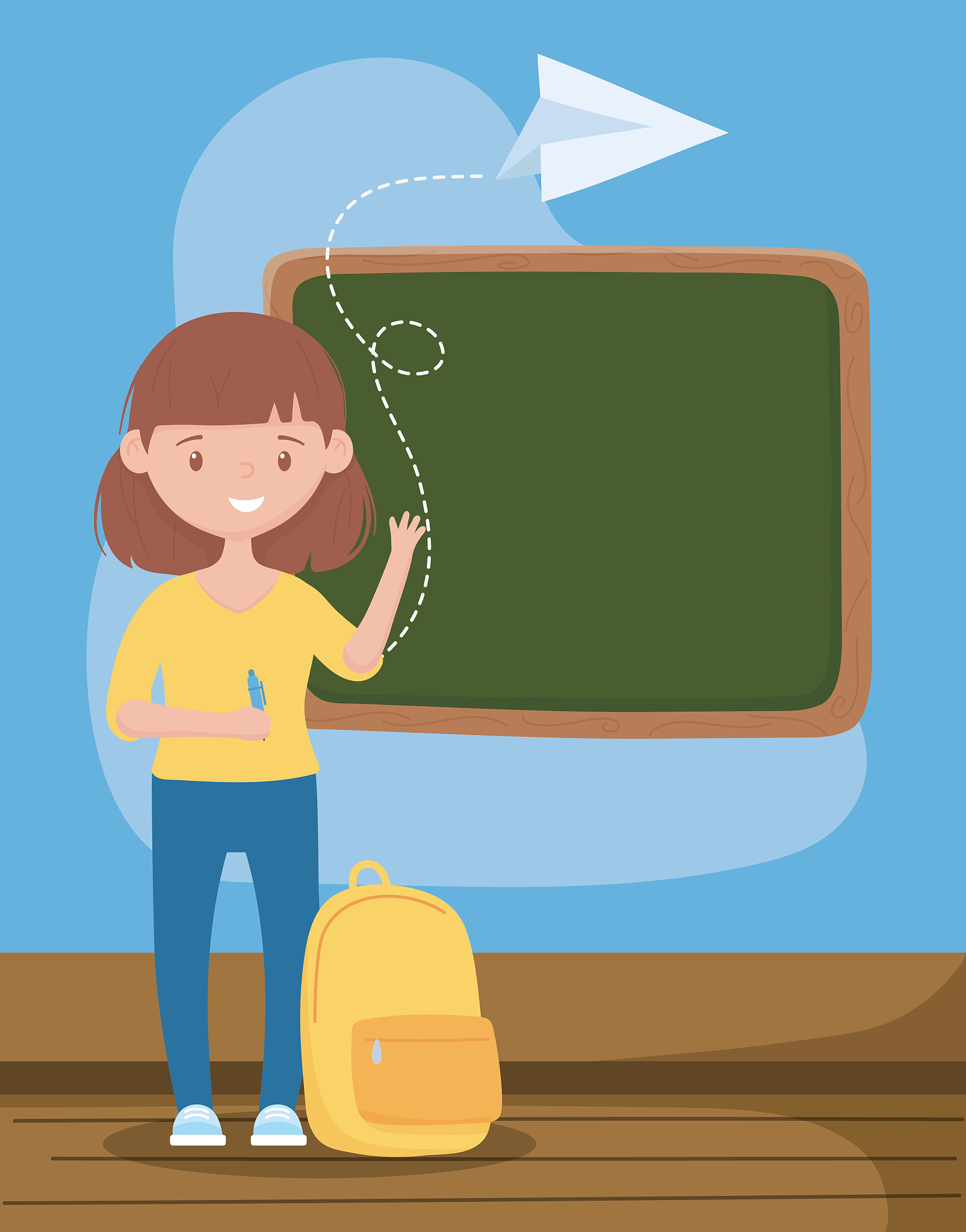 online education, teacher with backpack pen and chalkboard