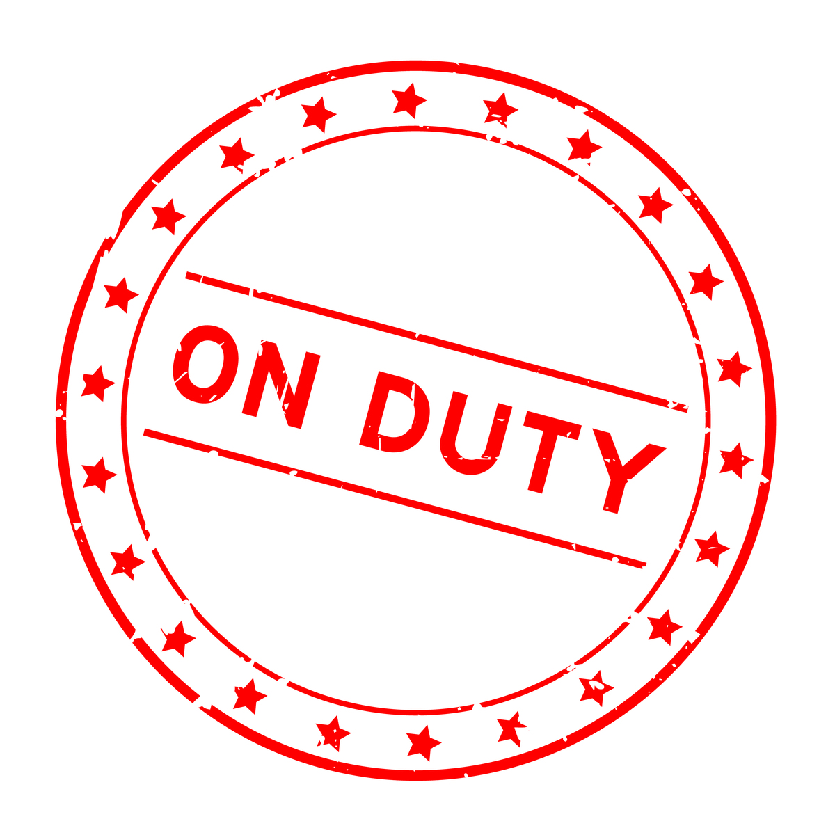 圆形红色复古"on duty"字样橡胶印章,带有磨损效果,
