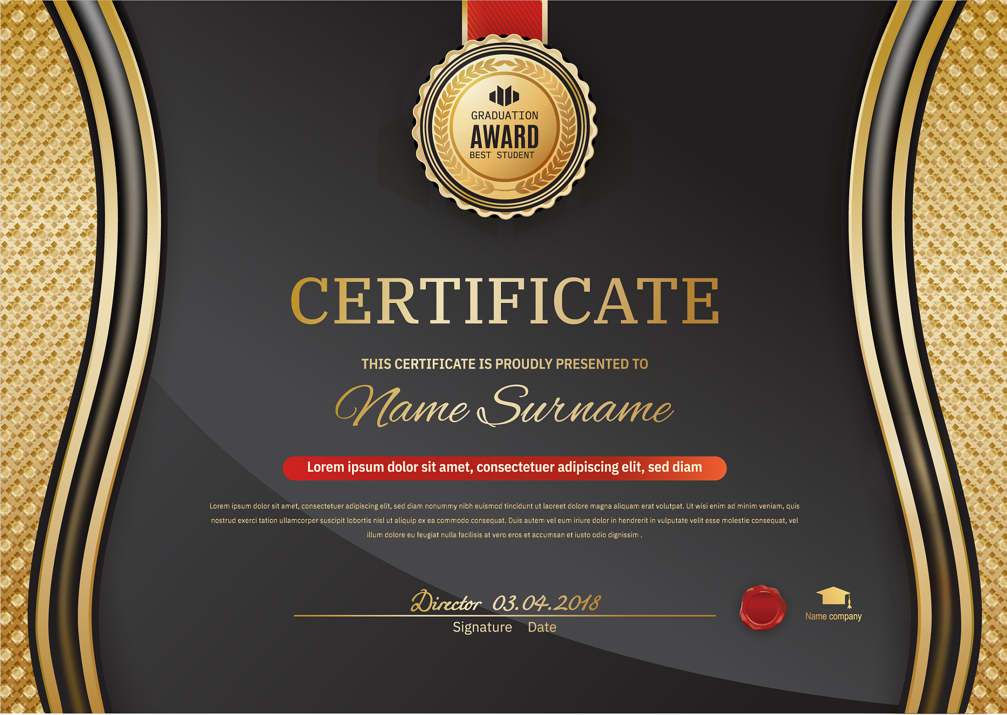 official black certificate with gold wave design