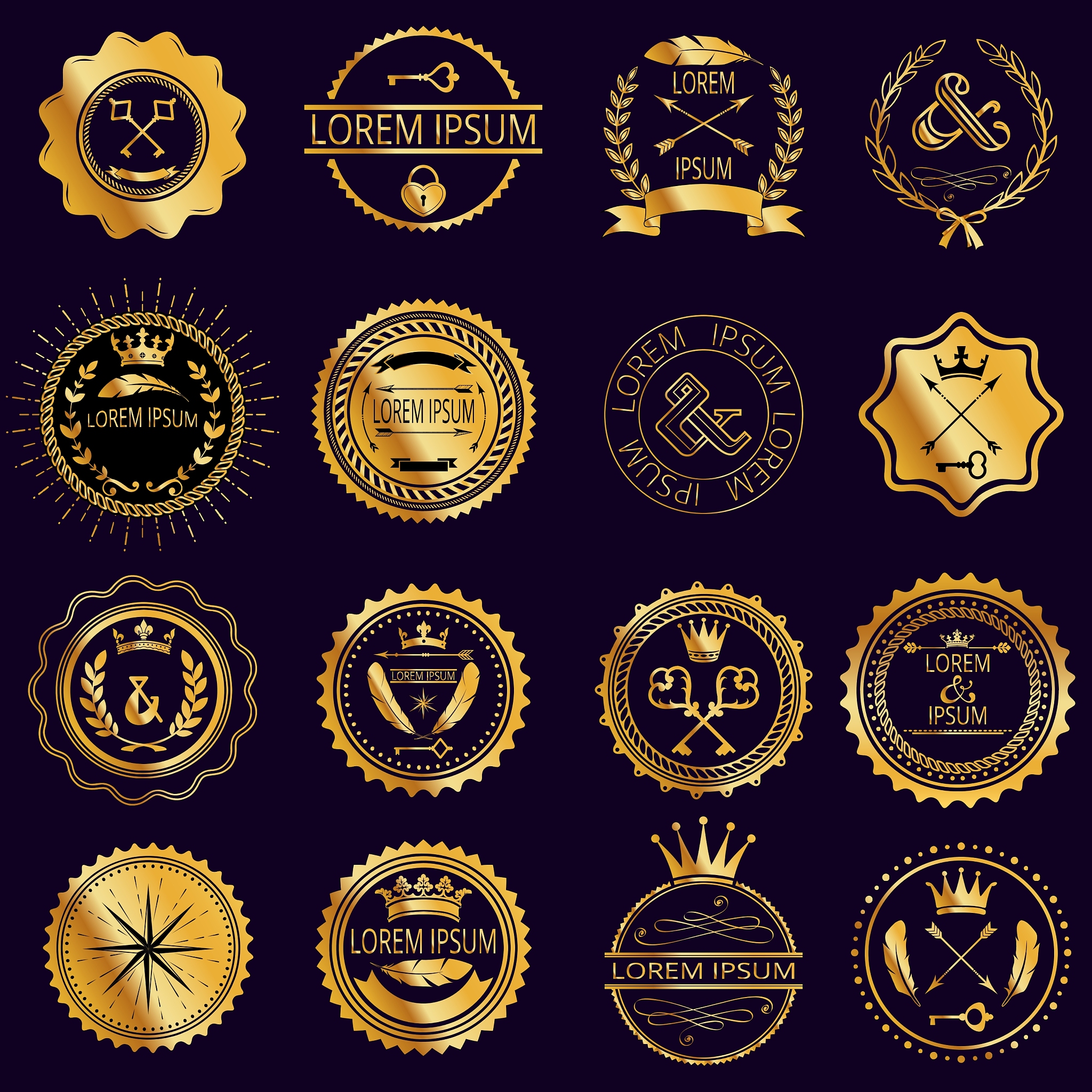 collection of vintage round golden badges