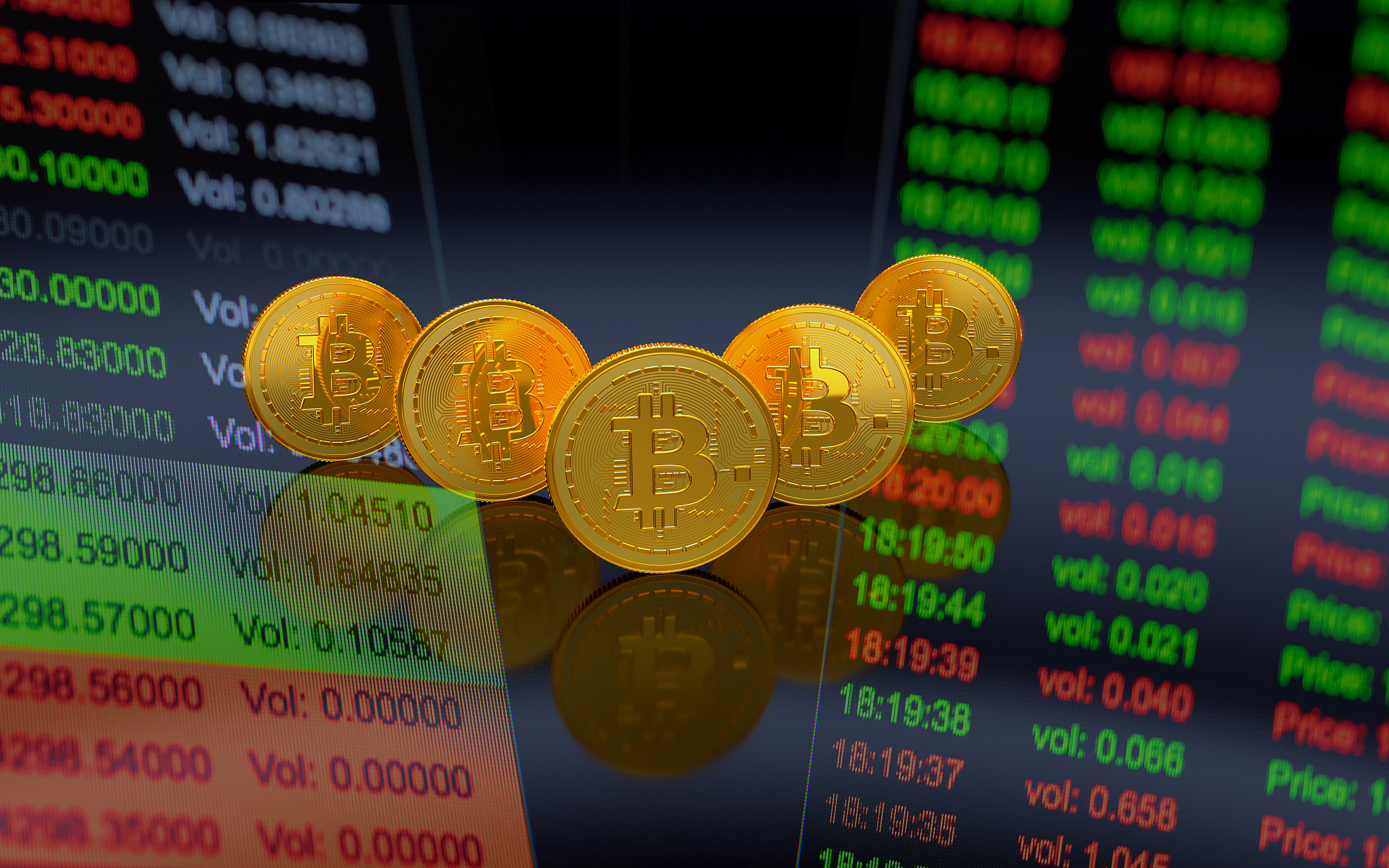 bitcoins with trading board background