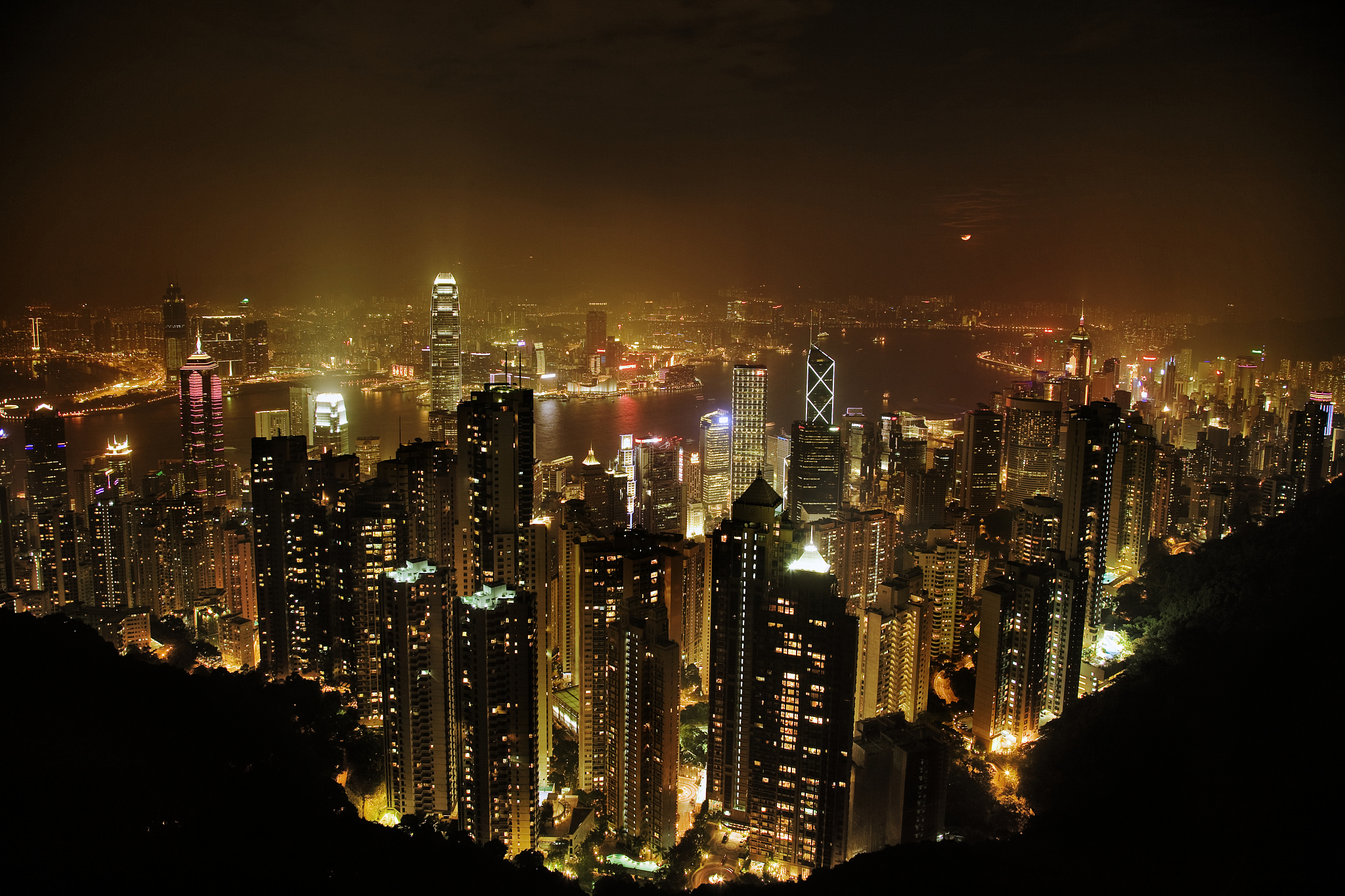 hong kong, skyscrapers at night, aerial view