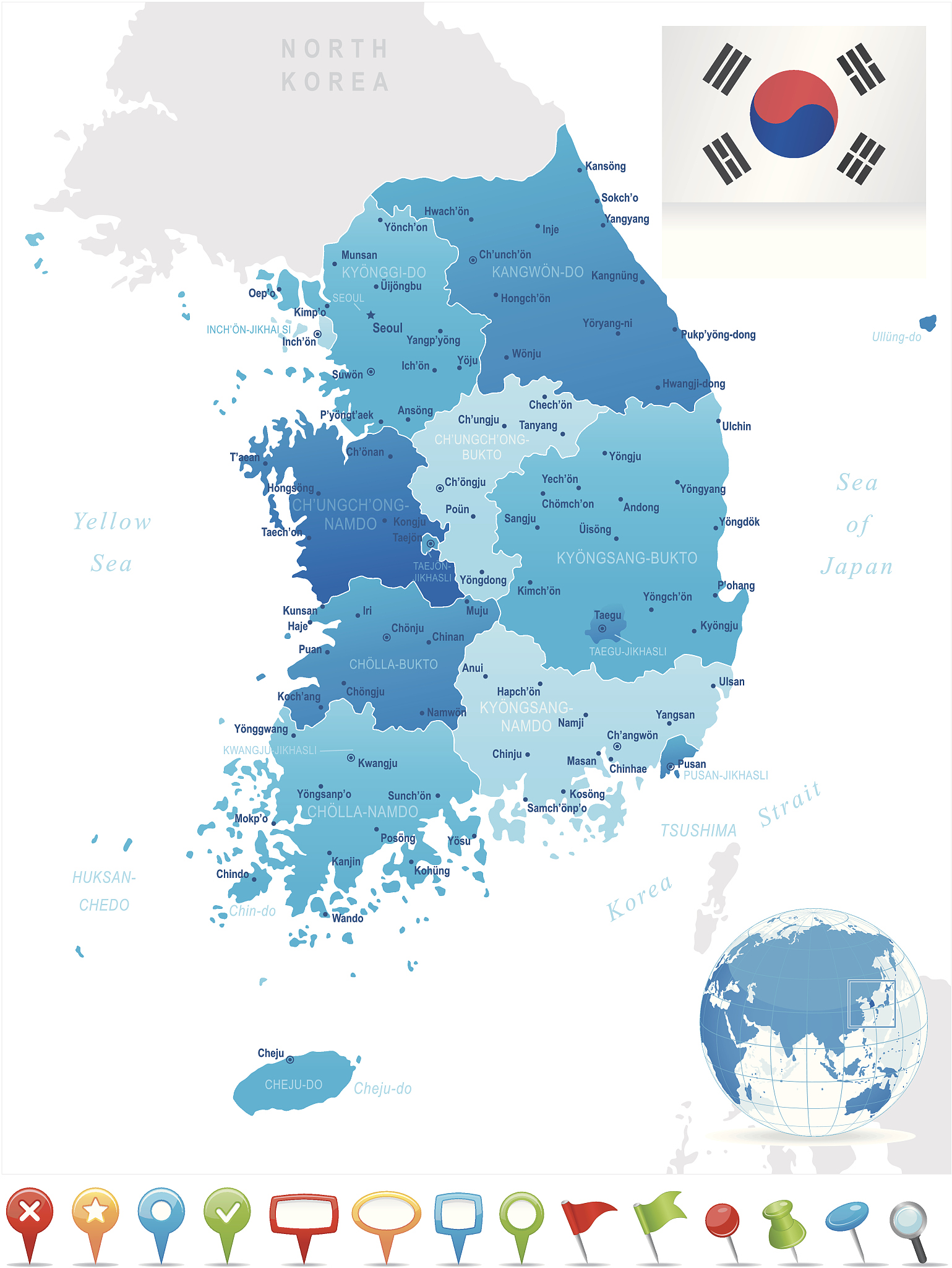 map of south korea - states, cities, flag, navigation icons
