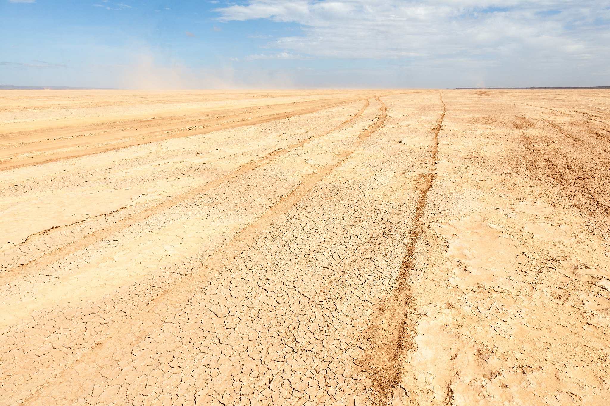 car tracks on the chalbi desert