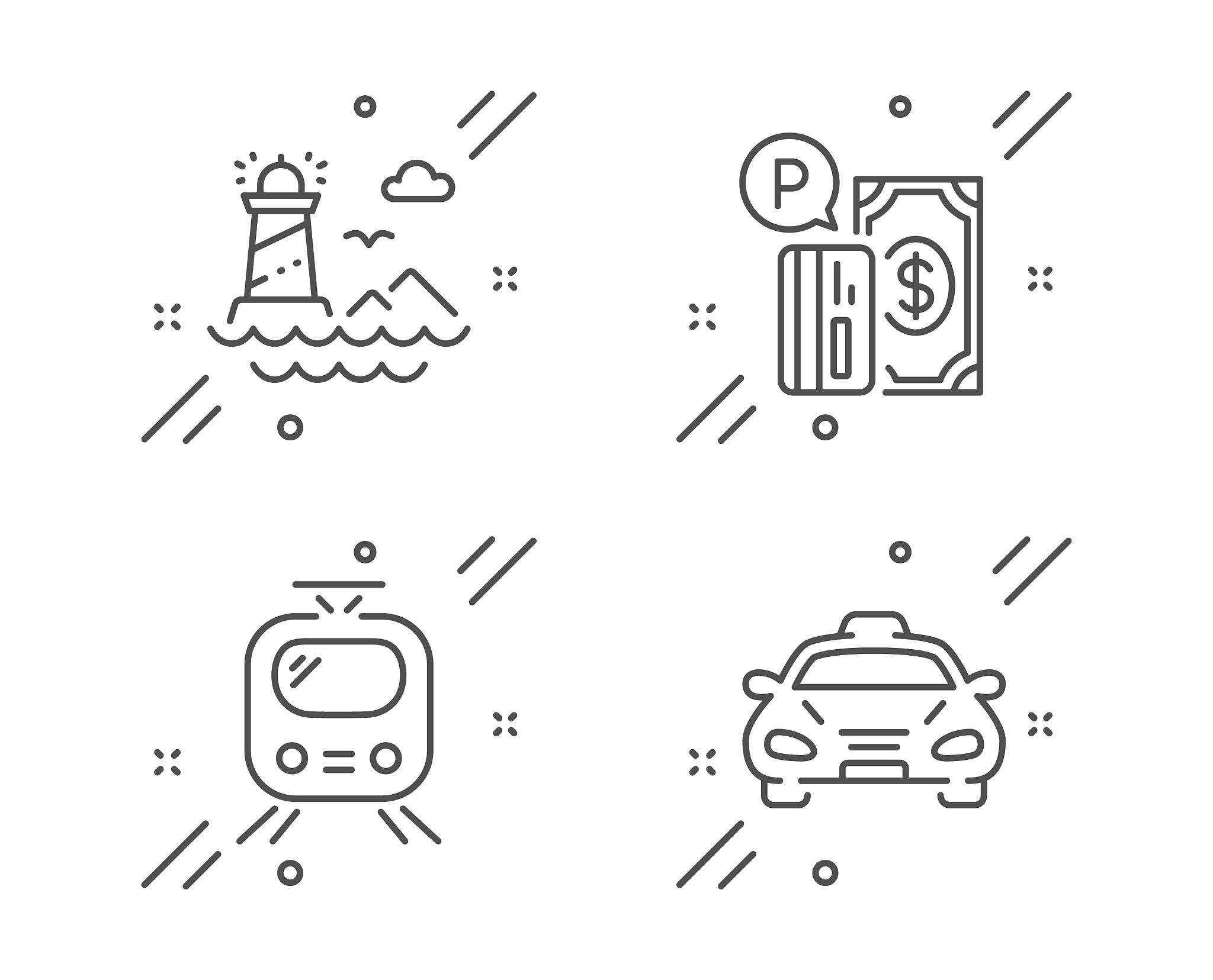 parking payment train and lighthouse icons set