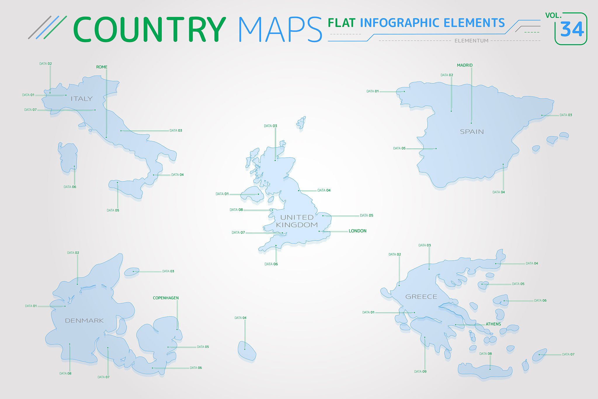 italy, greece, spain, united kingdom and denmark vector maps