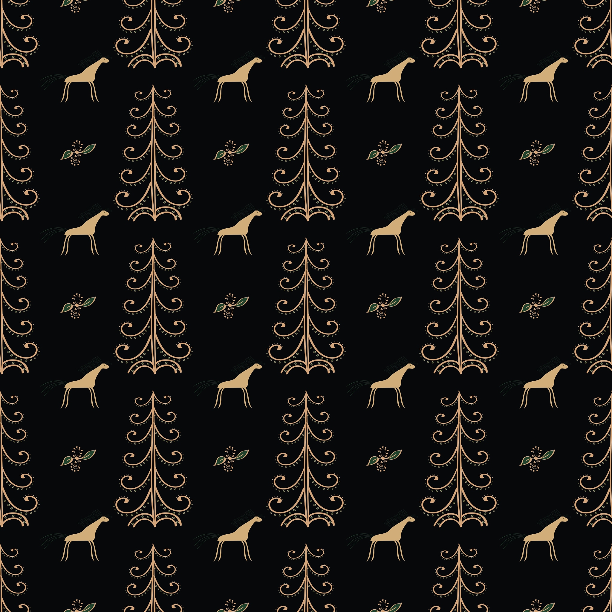 horse among forest trees seamless pattern