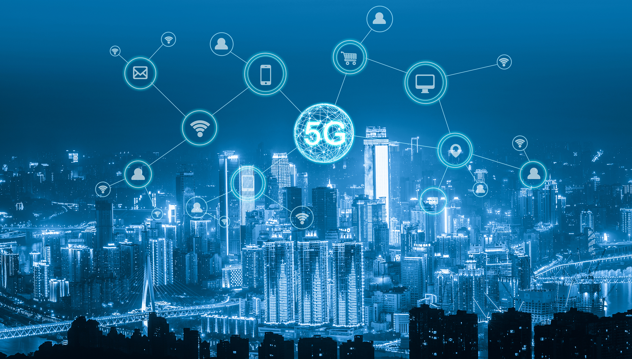 wireless communication network concept.panorama of modern city