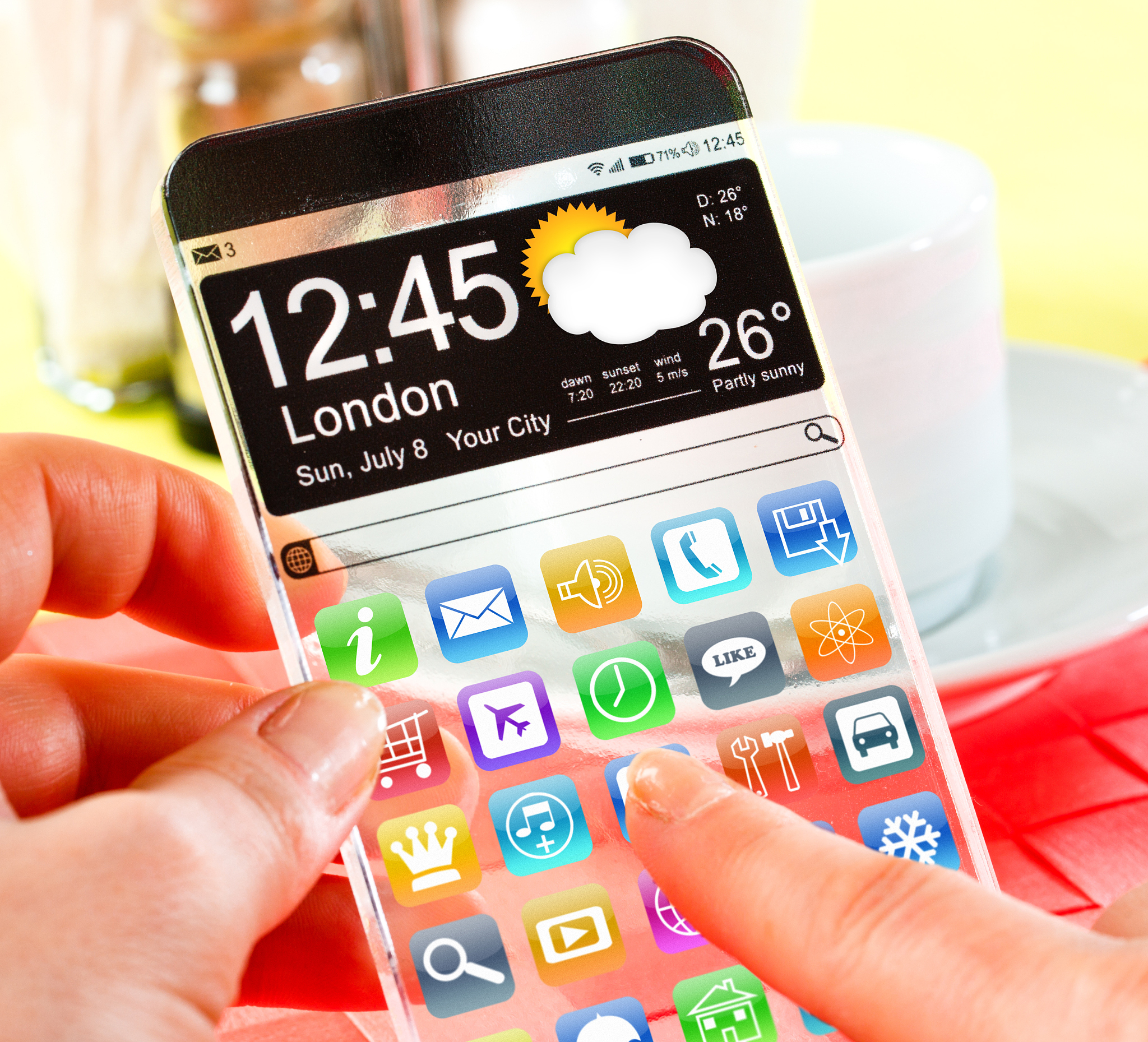 smartphone with transparent screen in human hands.
