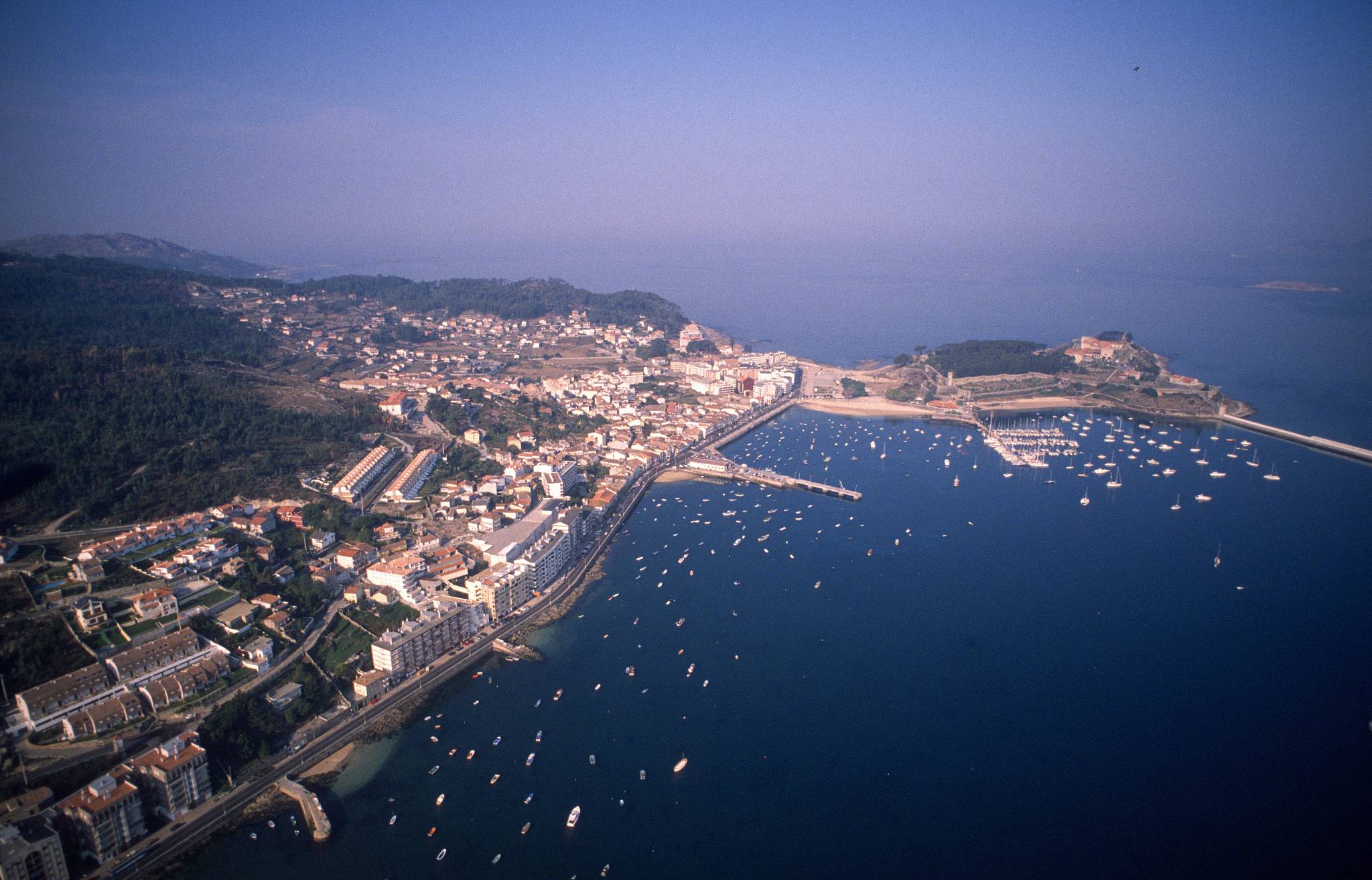aerial photo of port and city of baiona galicia spain