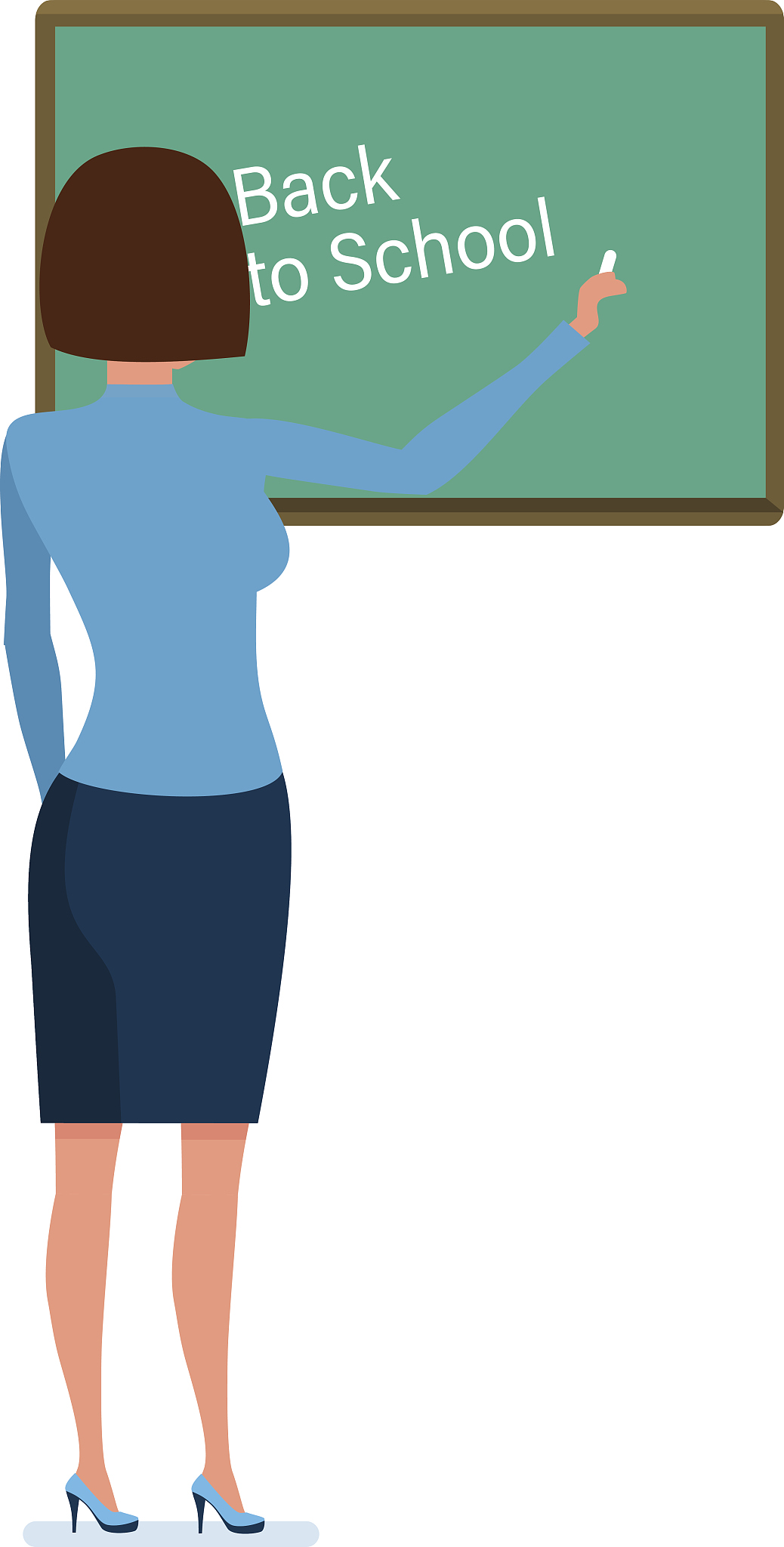 girl teacher with pointer and school journal in hand, stands