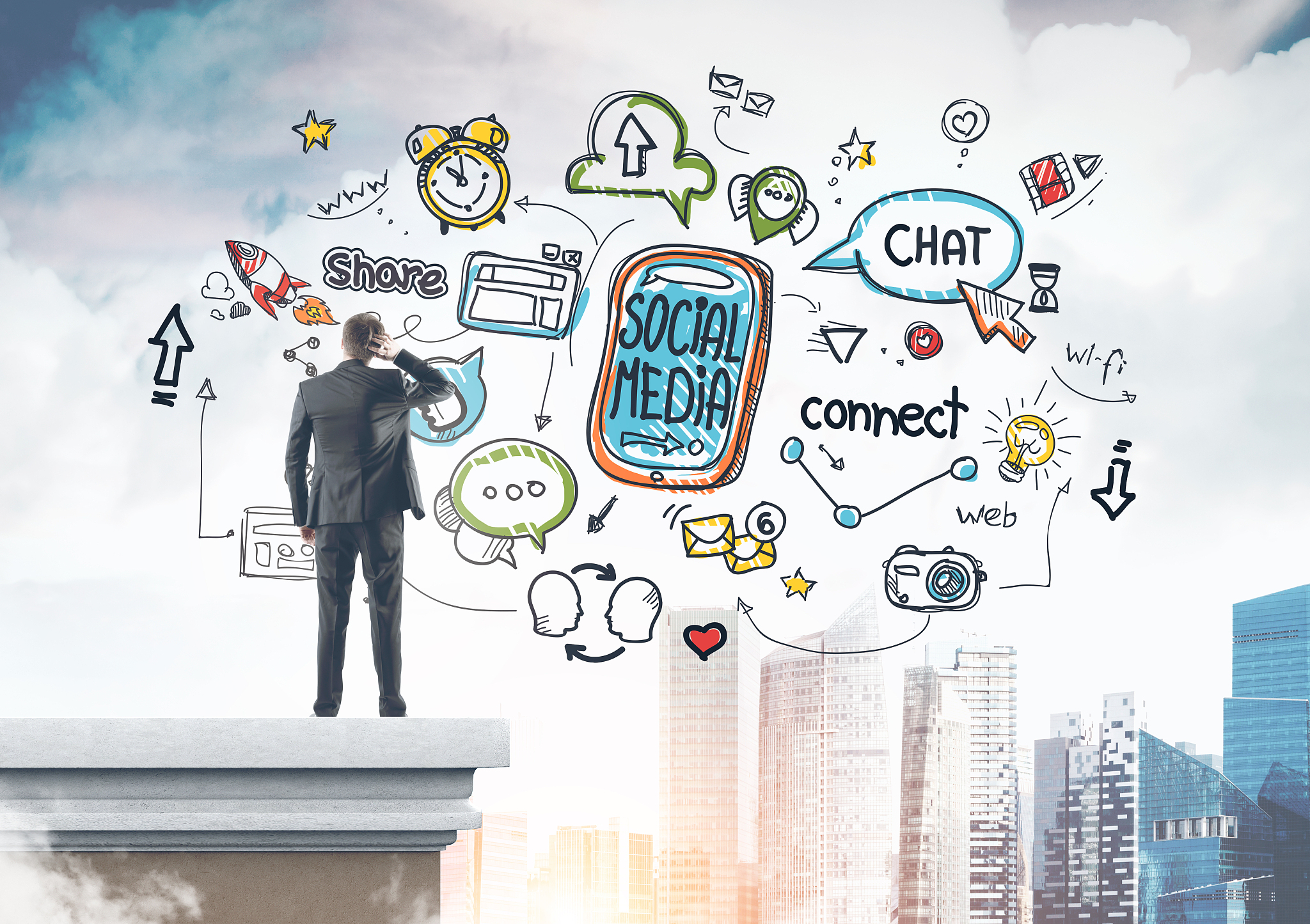 rear view businessman scratching head social media