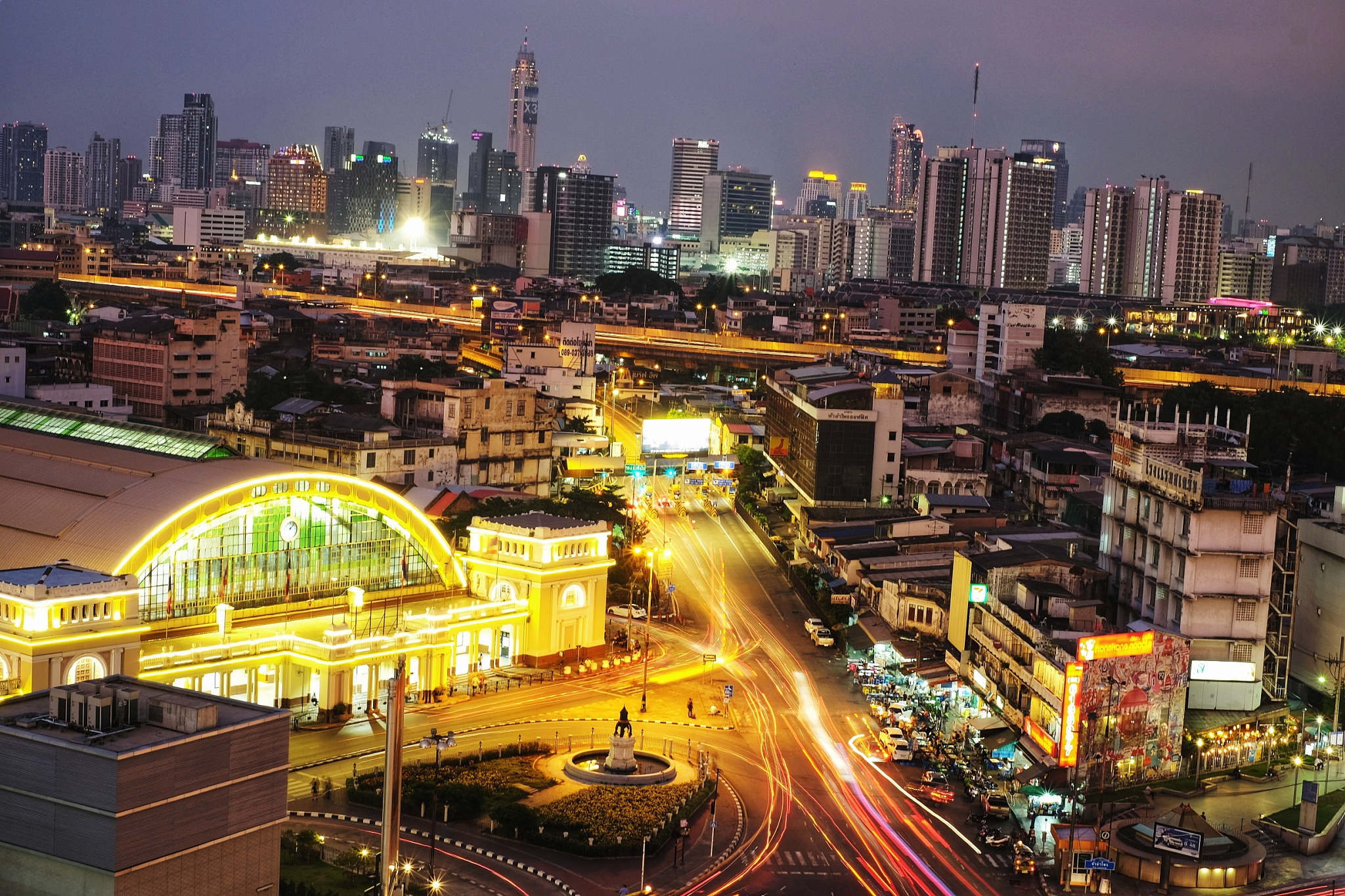 high angle view of city lit up at night