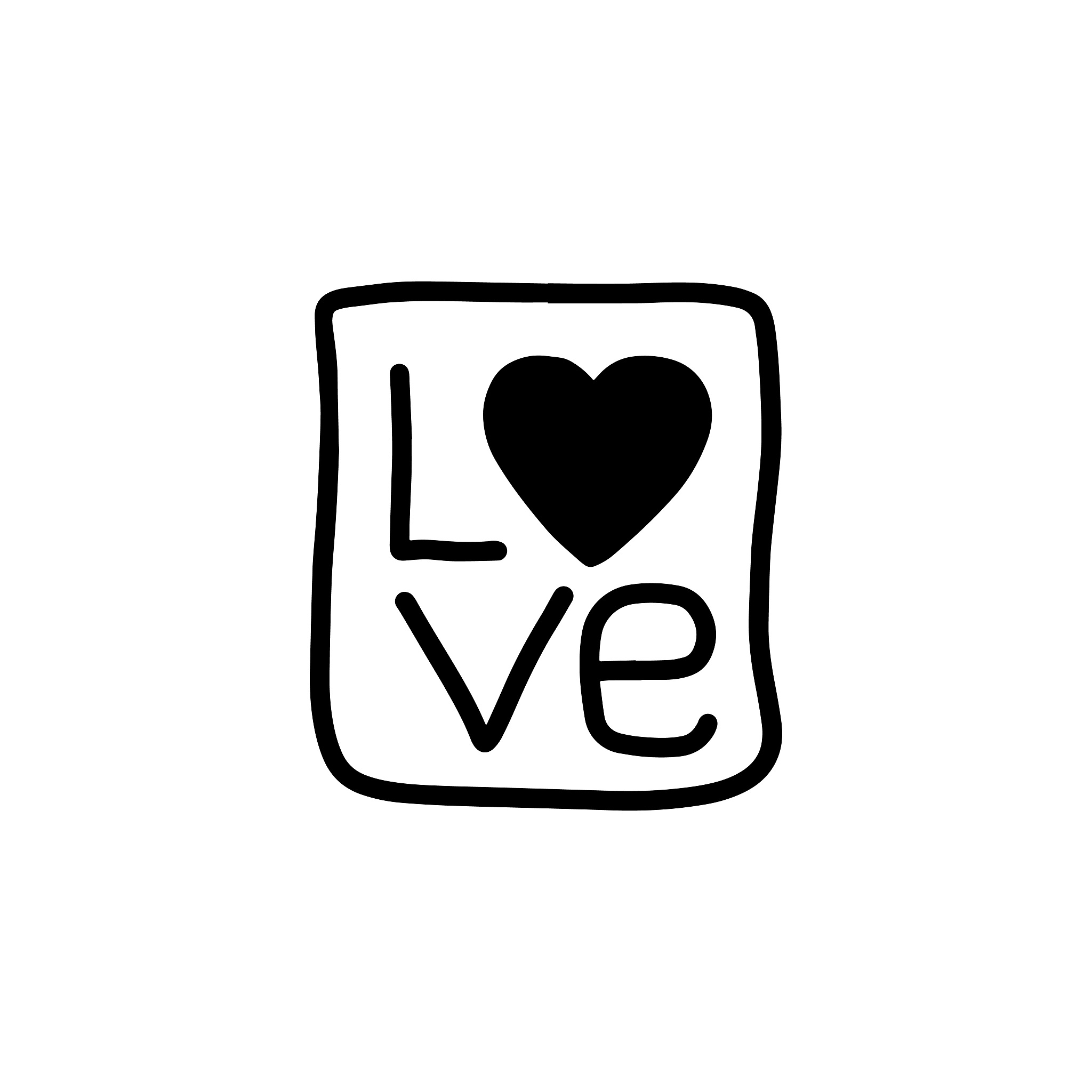 lettering love with a heart symbol.