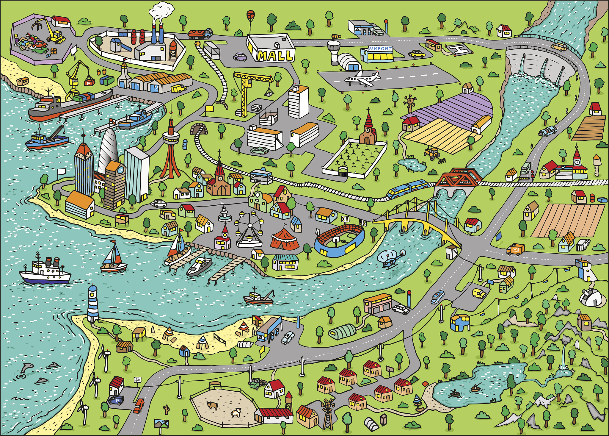 doodle town. map drawn by hand. vector. isolated.