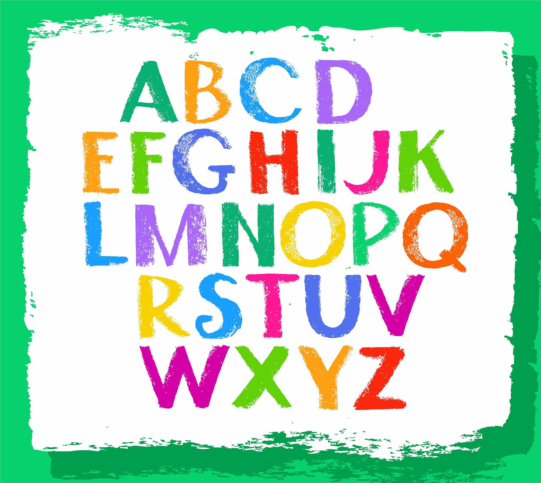 english font, colored crayons, capital letters.