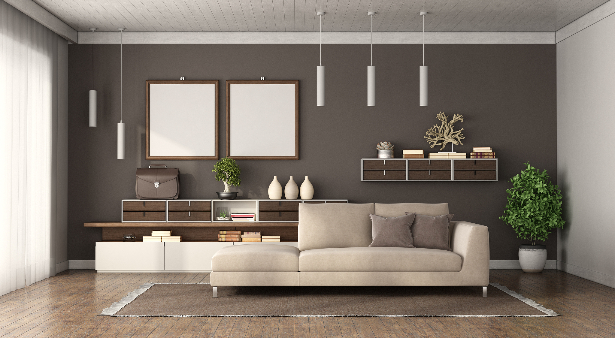 modern living room with sofa and sideboard on background