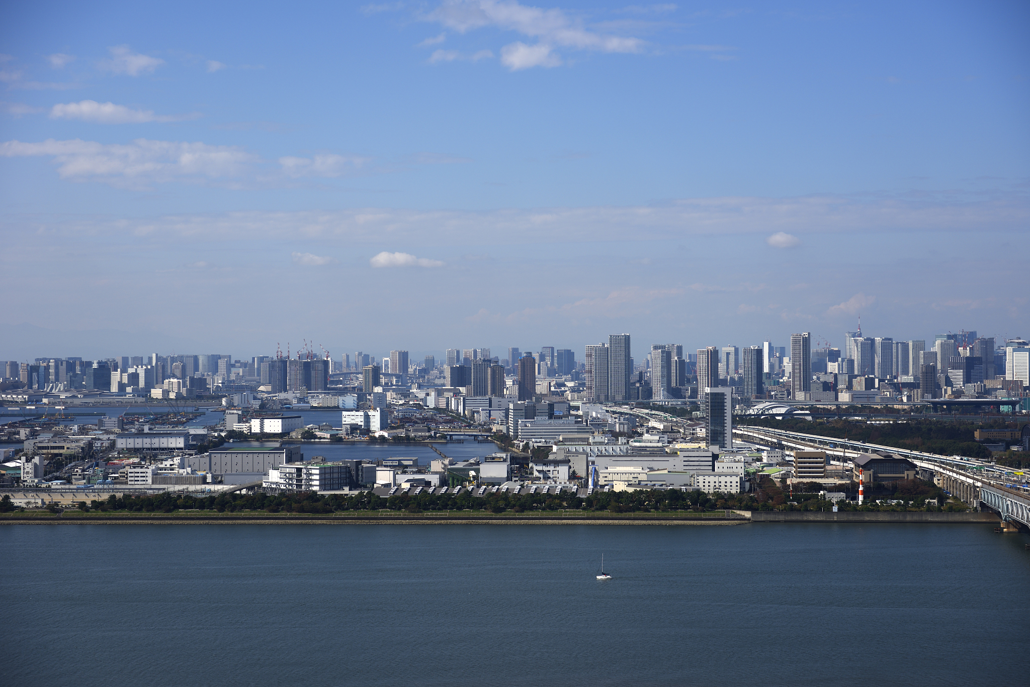 high angle view of tokyo bay area and urban skyline.