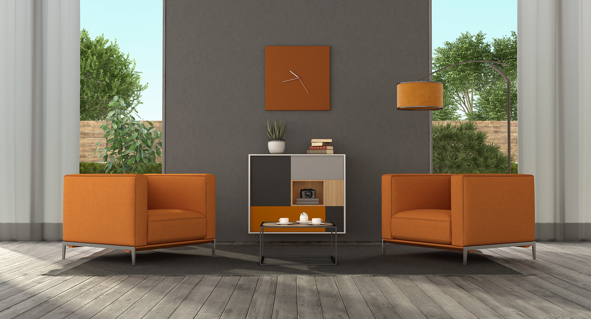 minimalist living room with orange furniture