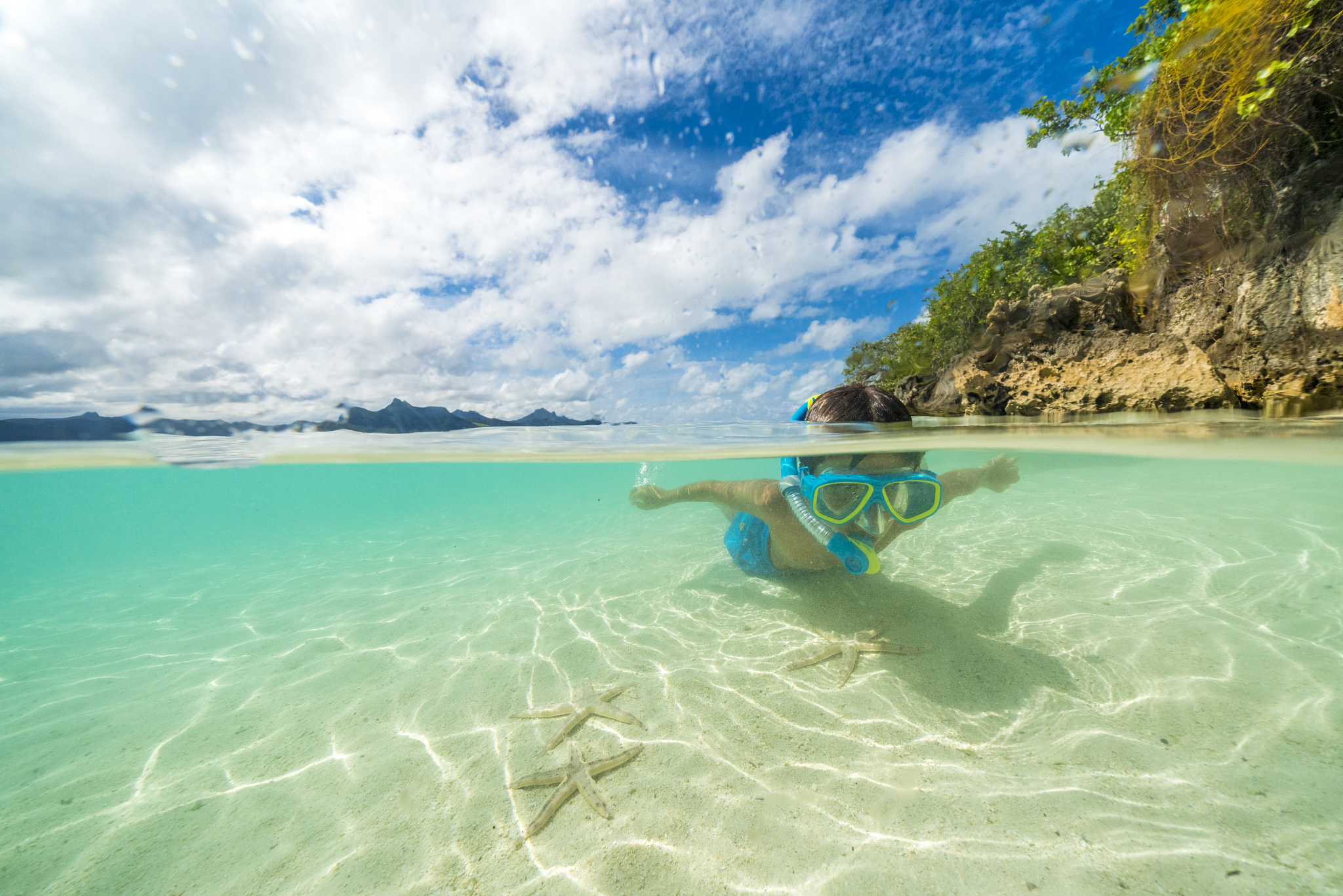 little boy looks at starfish snorkeling in the lagoon, mauritius