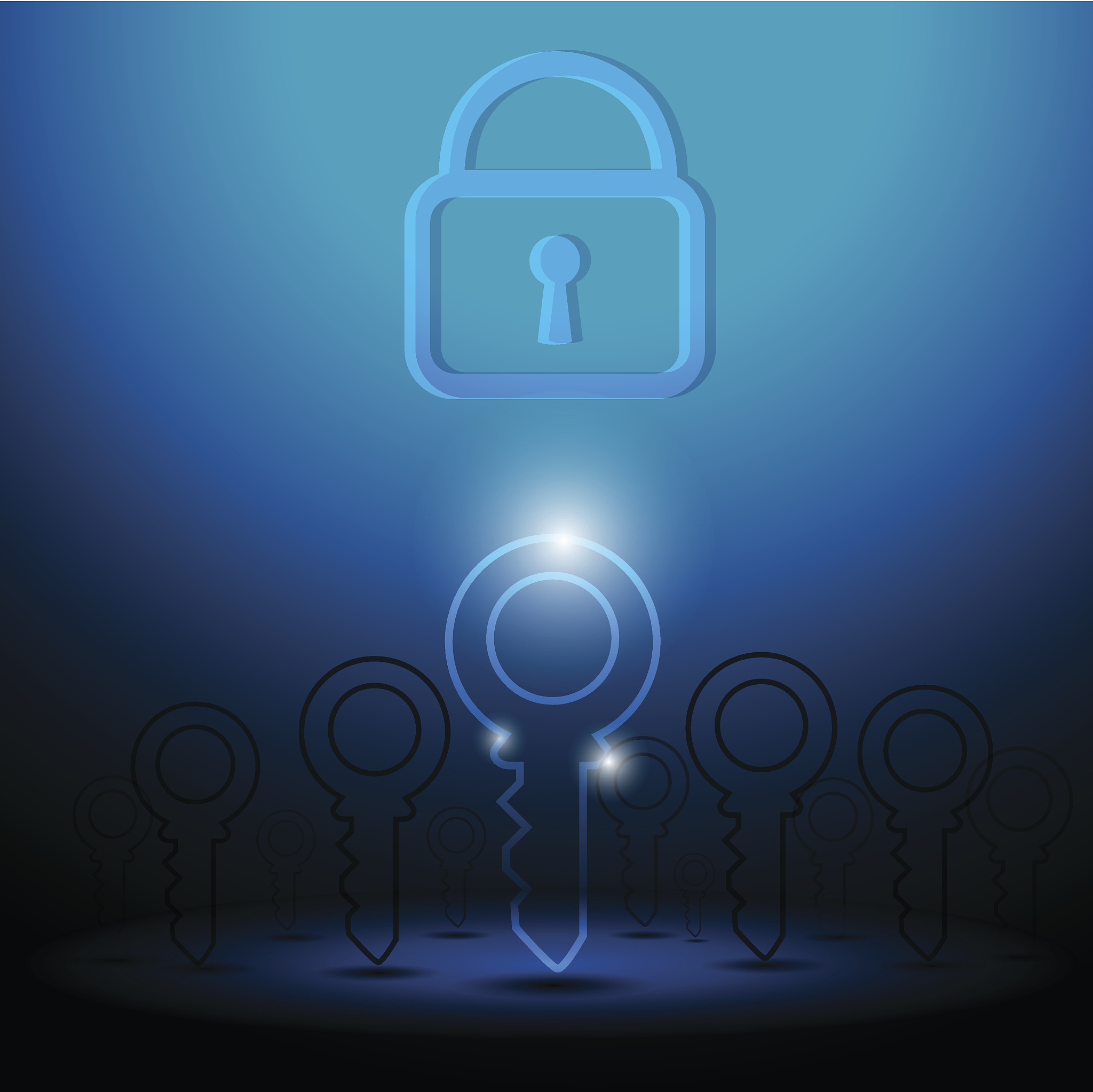 lock and key on blue background vector icon.