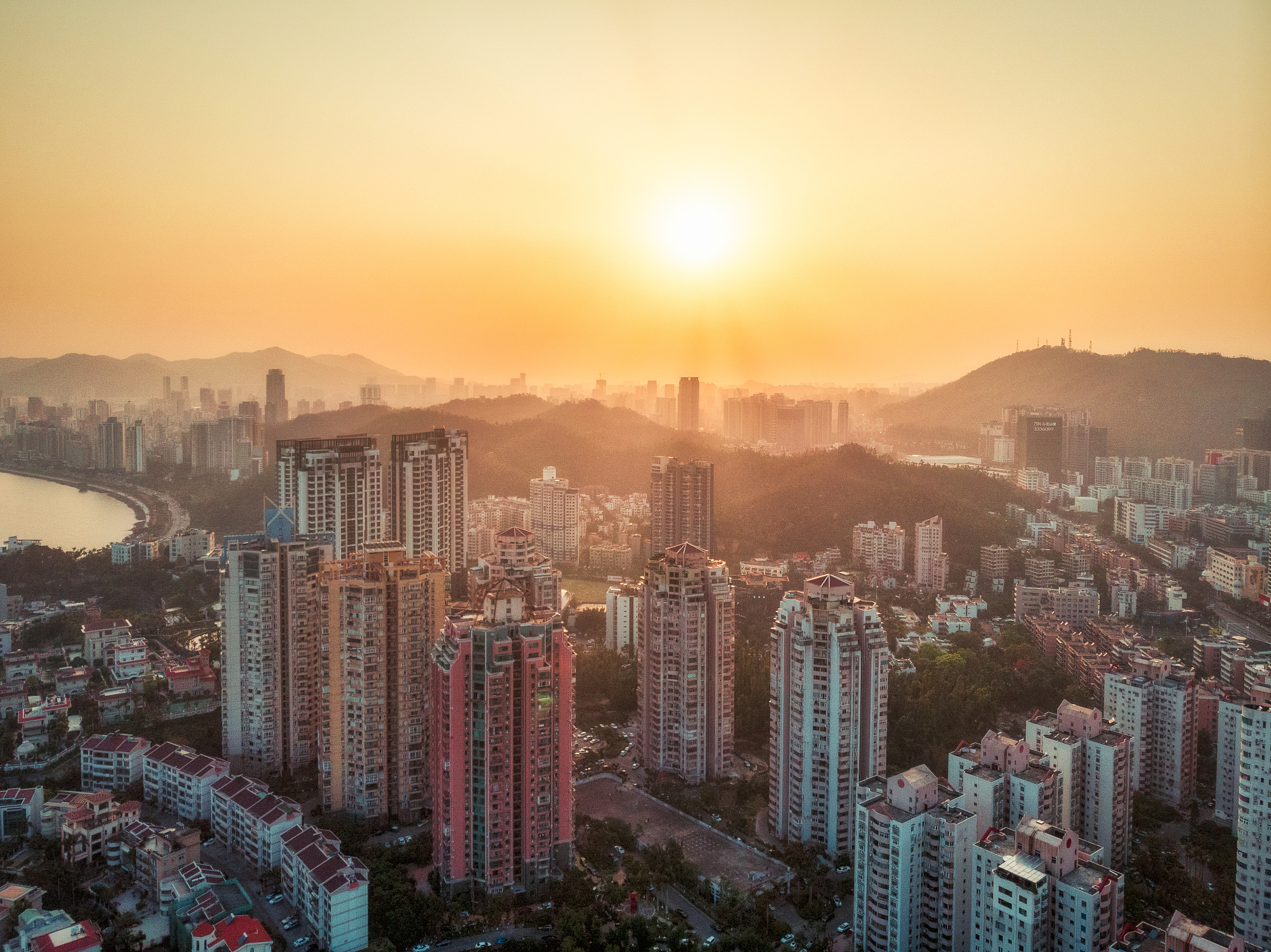 sunset drone photo of zhuhai city, guangdong province, china