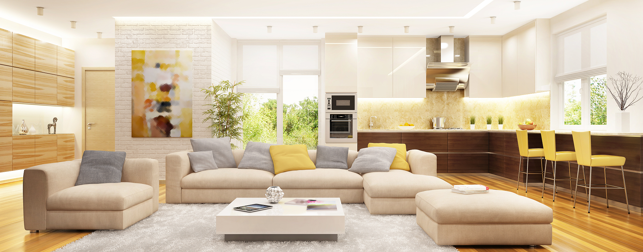 modern interior design open space. living room and kitchen and h