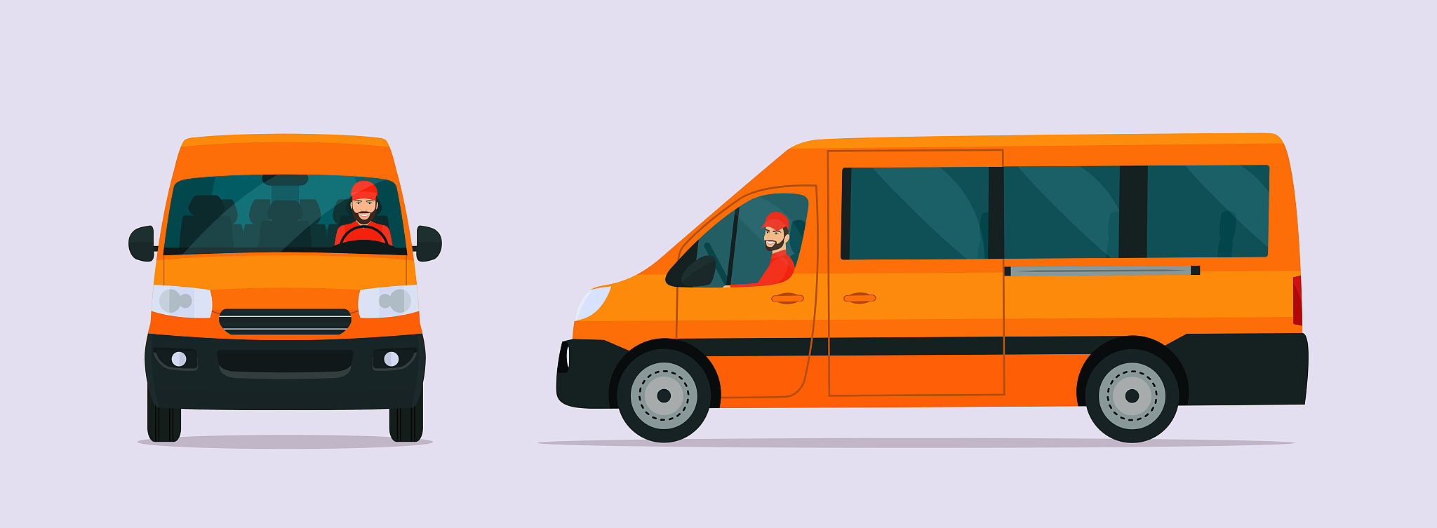 van car two angle set. car with driver man side view and front v