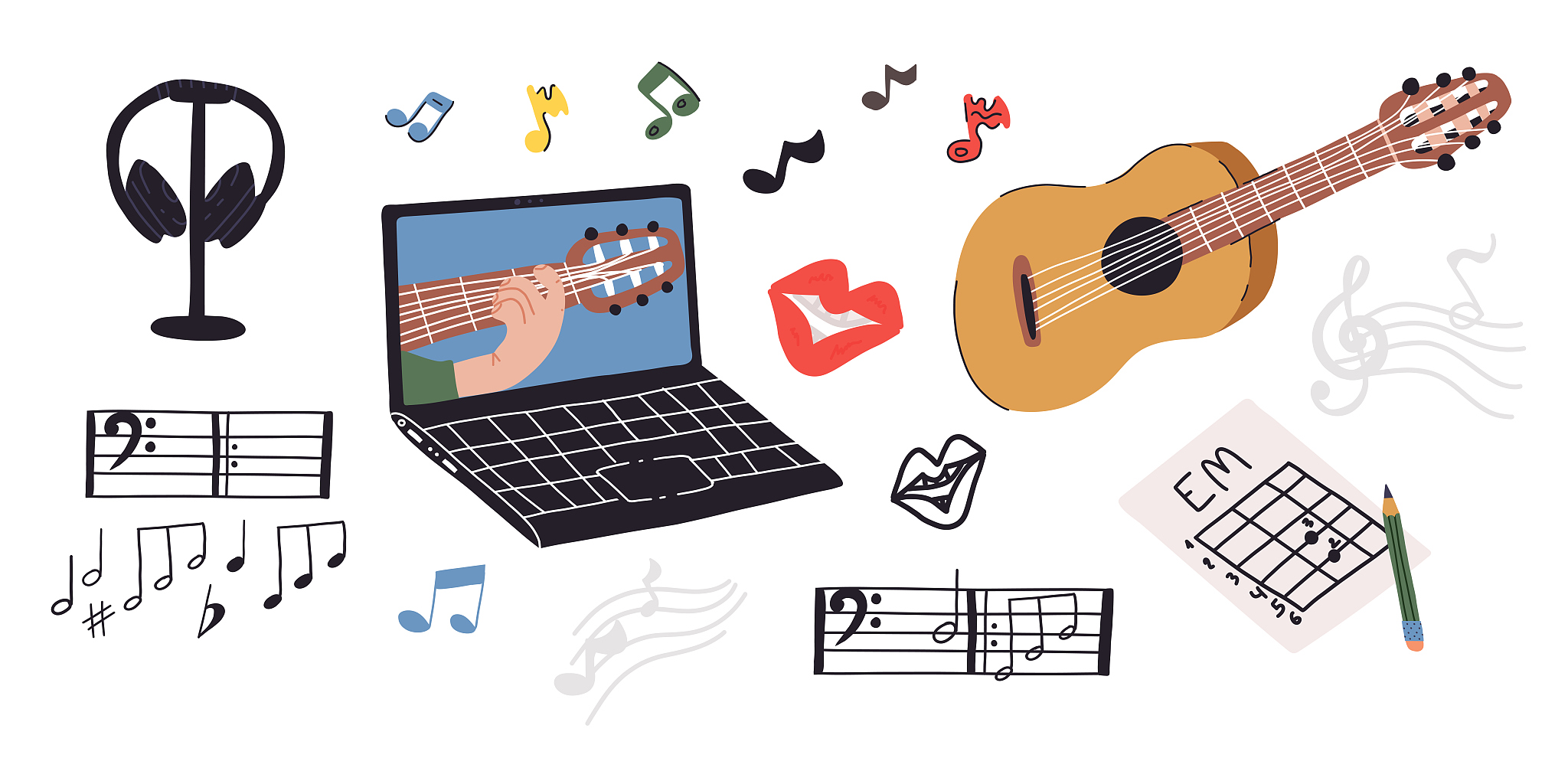 big hand drawn music set. various funny notes, flat note, hash n