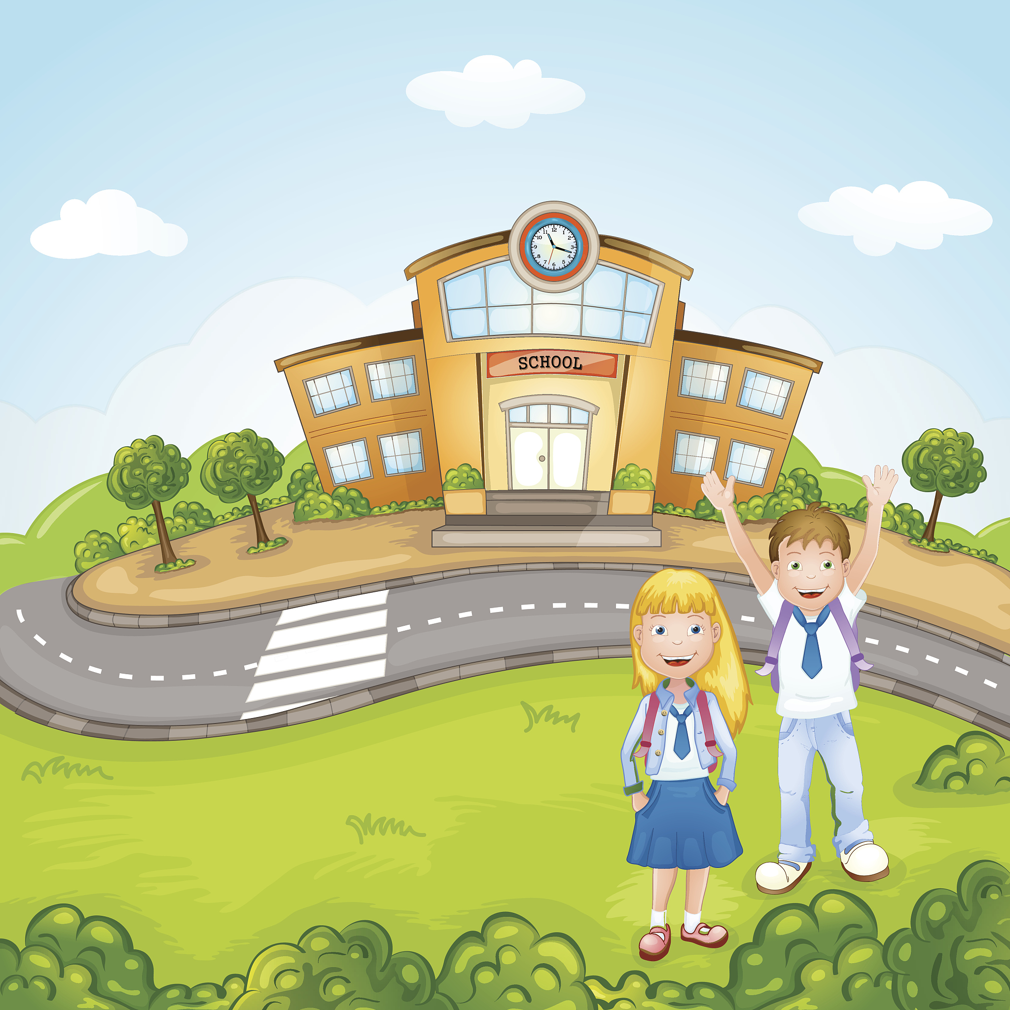 illustration of a kids in front of school