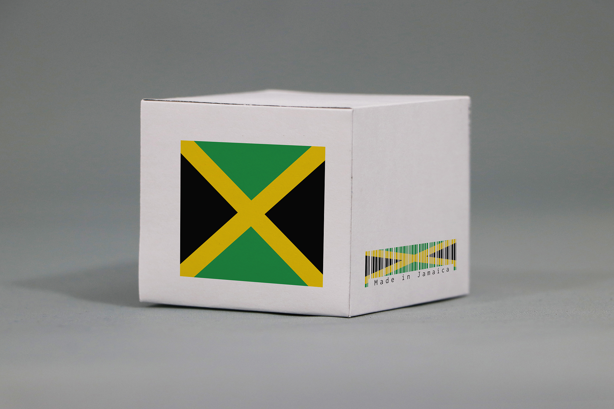jamaica flag on white box with barcode and the color of nation f